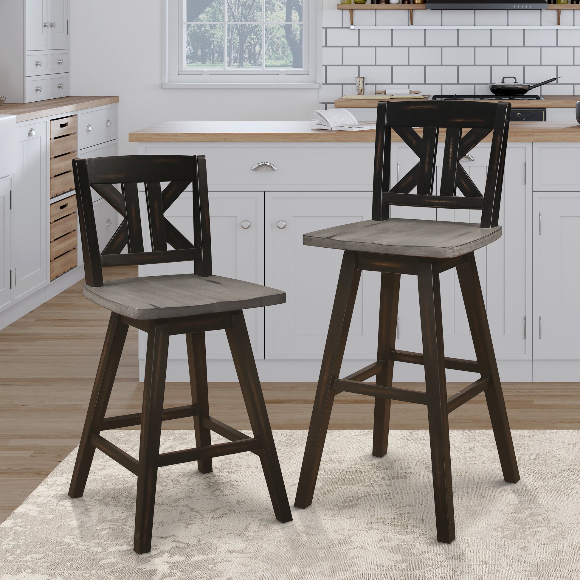 Dark wood and grey distressed bar stool with crisscross backrest