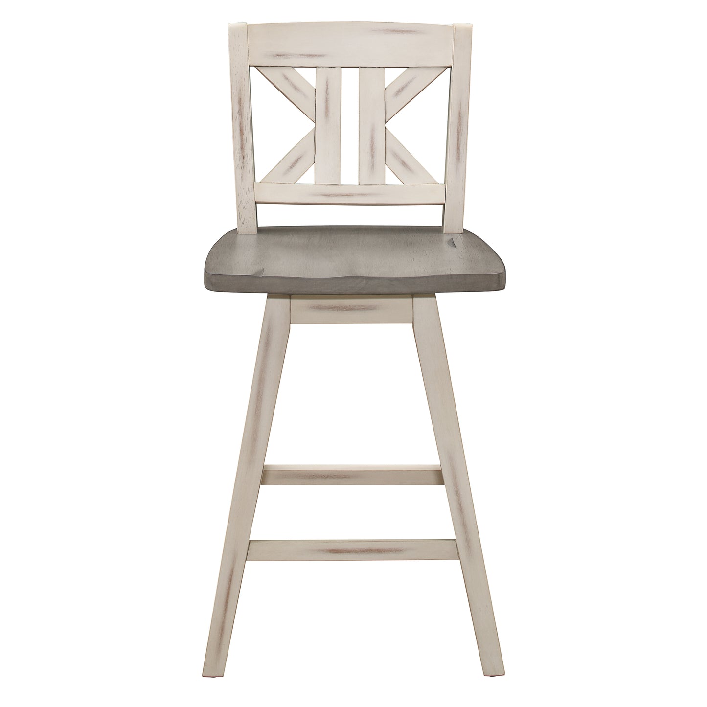 White distressed wood bar stool with grey seat and Xback detail