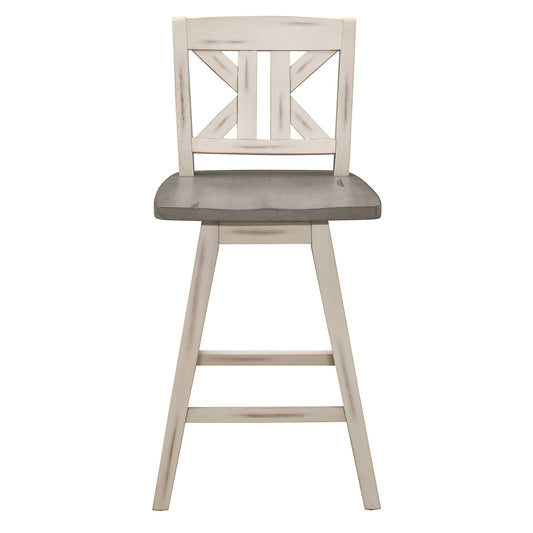TREATLIFE HOME Counter Height Swivel Chairs Set of 2, Divided X-Back Design in White and Gray, Solid Rubber Wood, Rustic Style