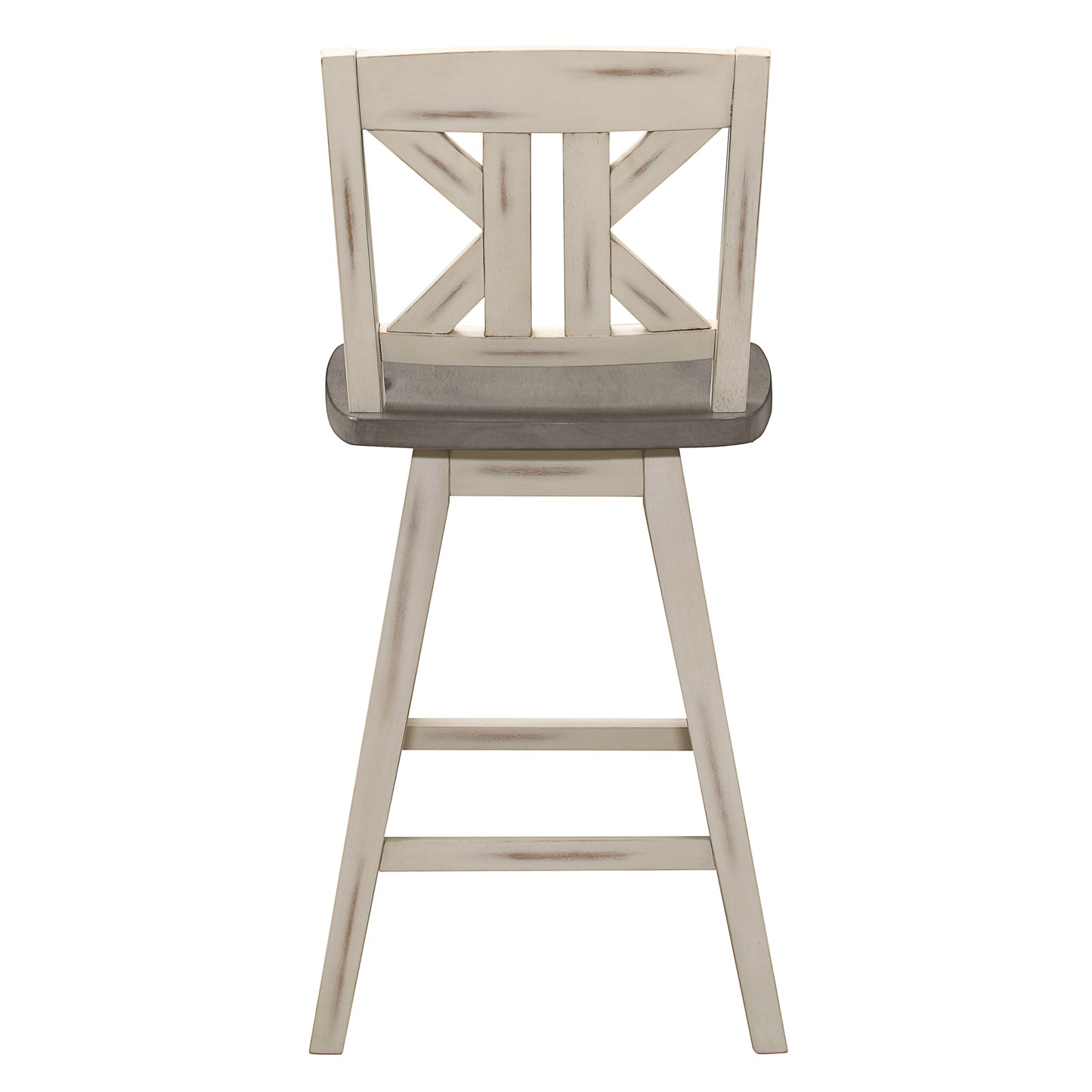 Distressed cream farmhouse bar stool with grey upholstered swivel seat