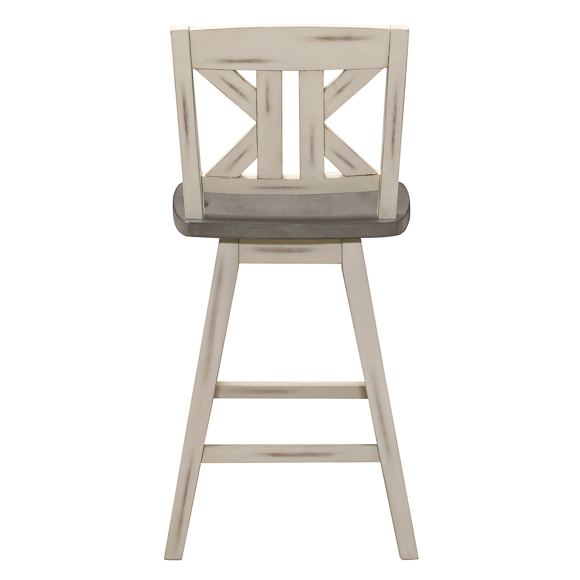 Distressed cream farmhouse bar stool with grey upholstered swivel seat