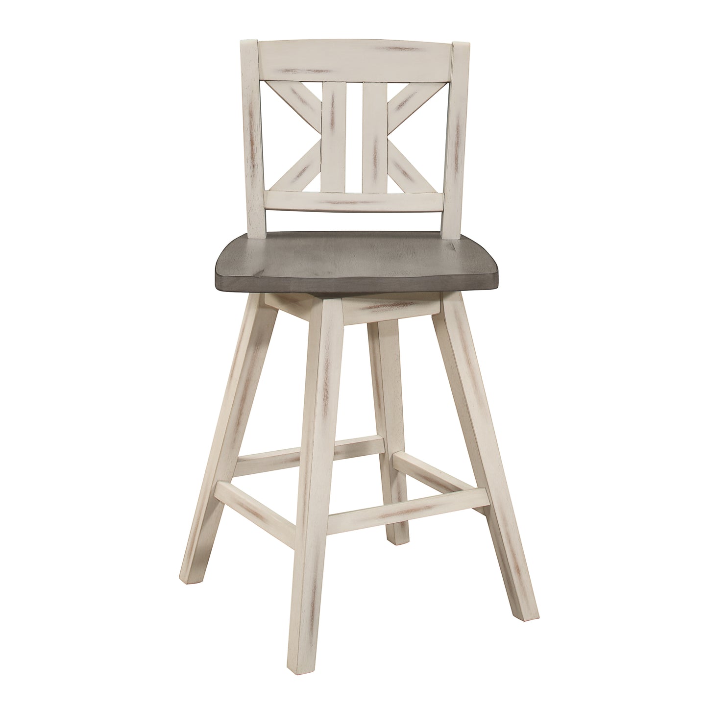 Distressed white wooden bar stool with a dark gray seat