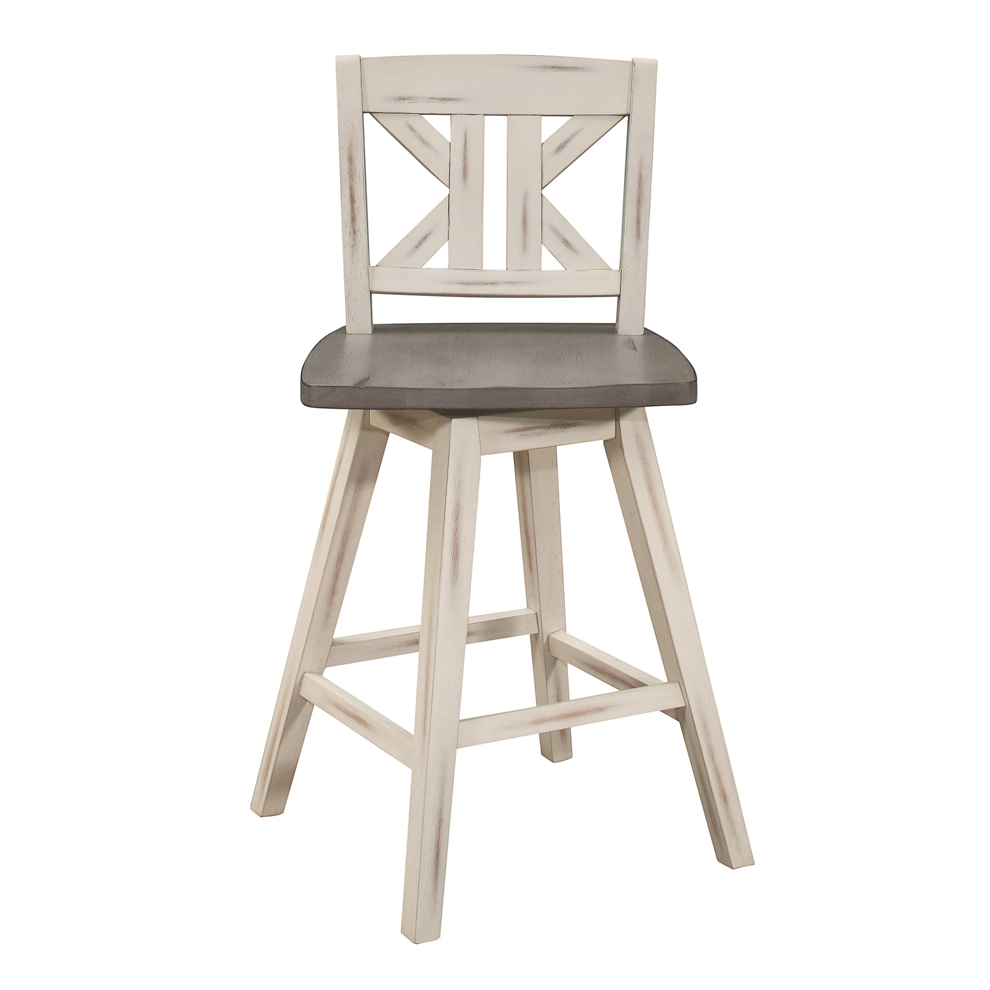 Distressed white wooden bar stool with a dark gray seat
