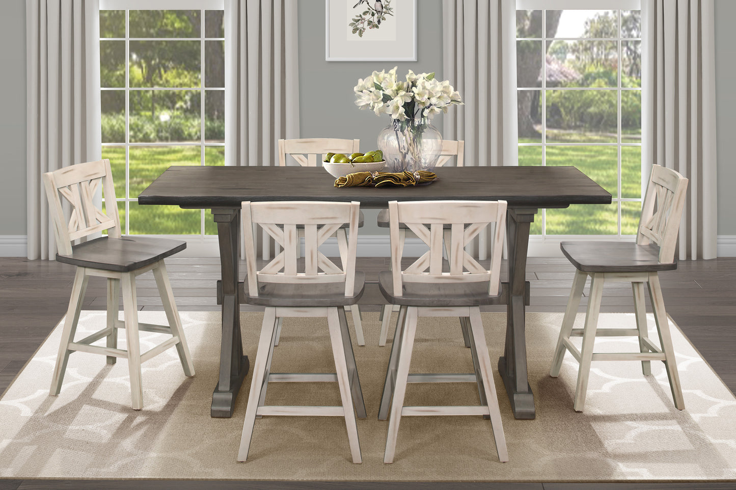 Rustic farmhouse dining set with dark gray table and distressed white chairs