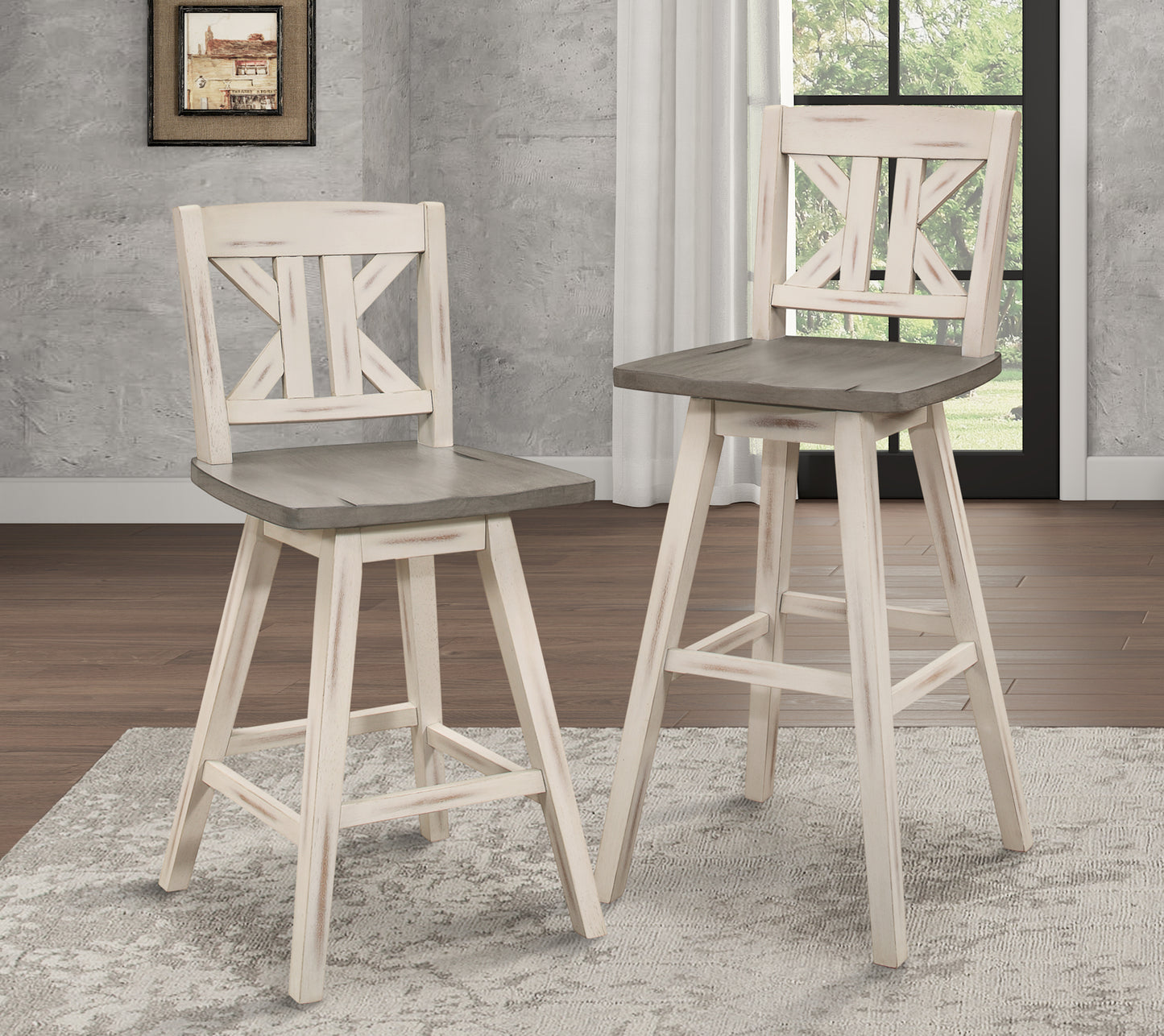 Distressed ivory wooden bar stool with gray wood seat and crisscross back