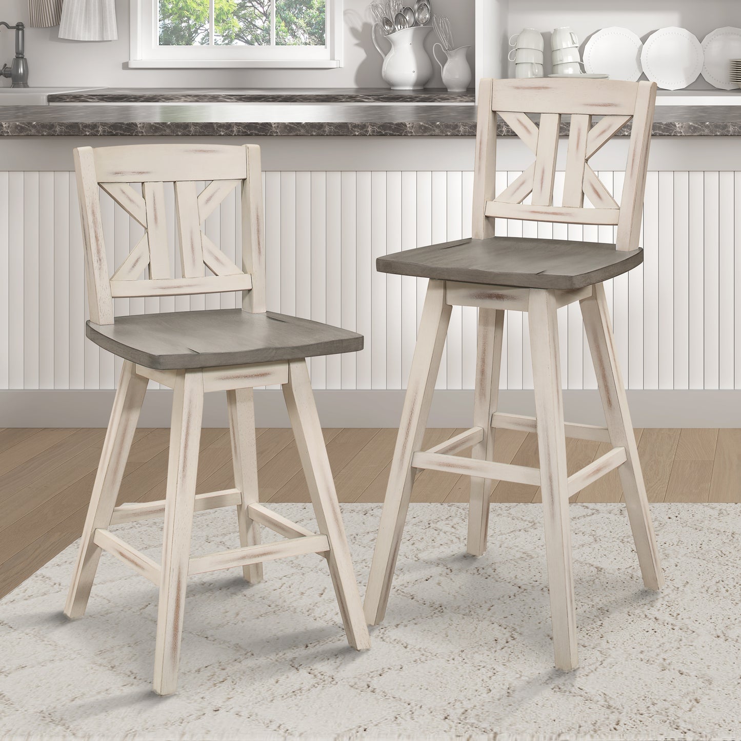Distressed white wood and grey seat swivel bar stool with Xback design