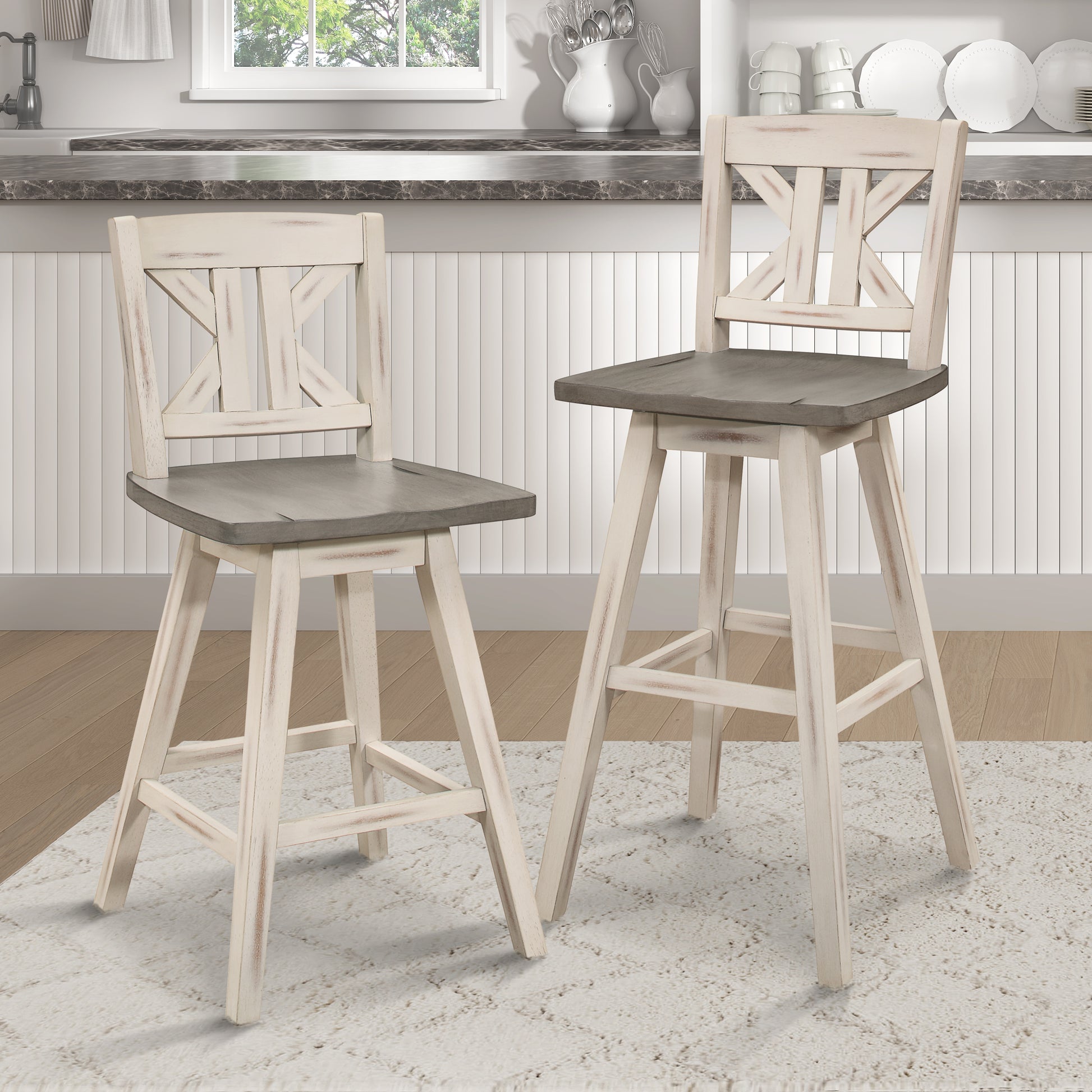 Distressed white wood and grey seat swivel bar stool with Xback design