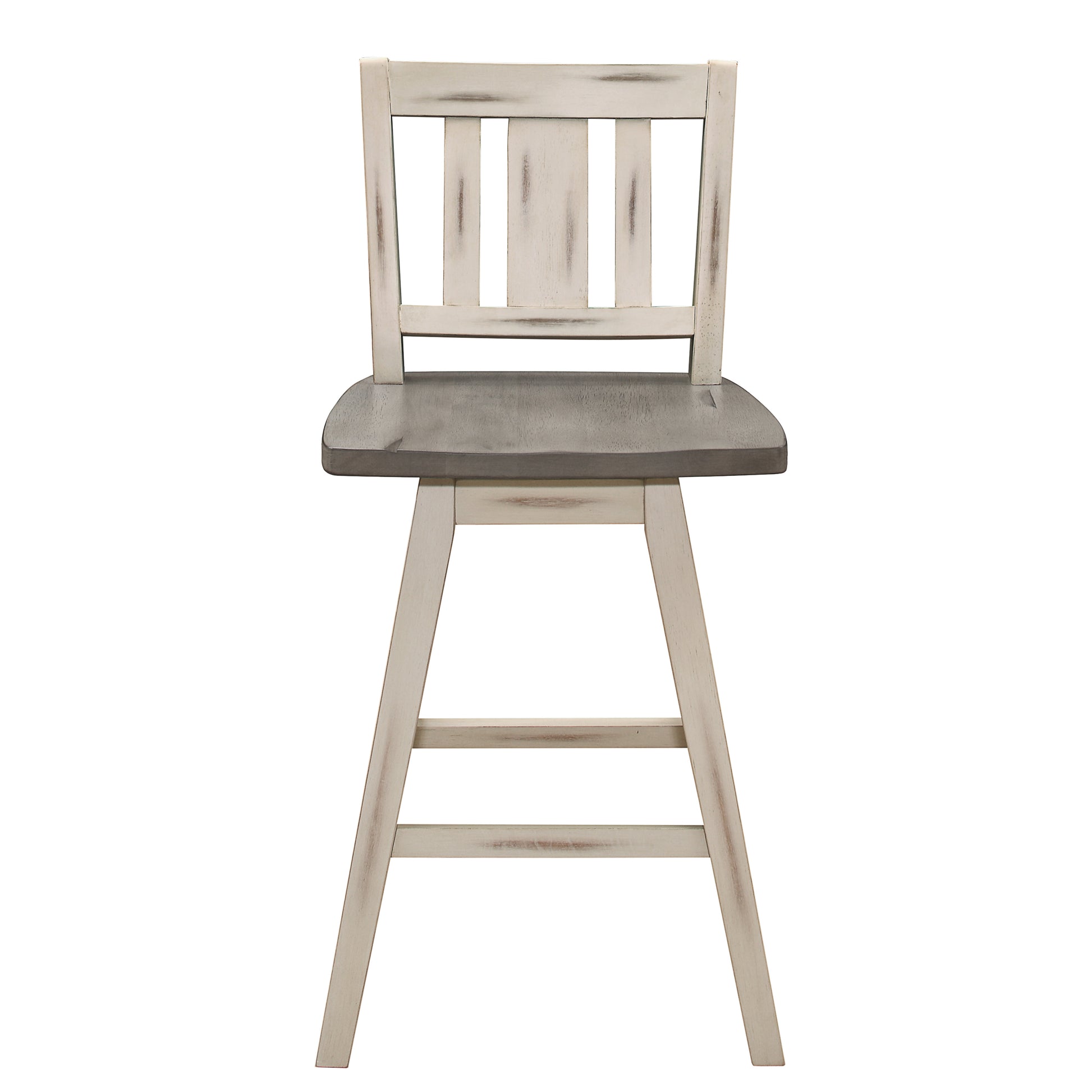 Distressed white wood swivel bar stool with a distressed gray seat