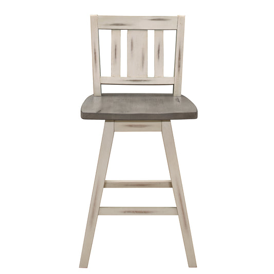 Distressed white wood swivel bar stool with a distressed gray seat
