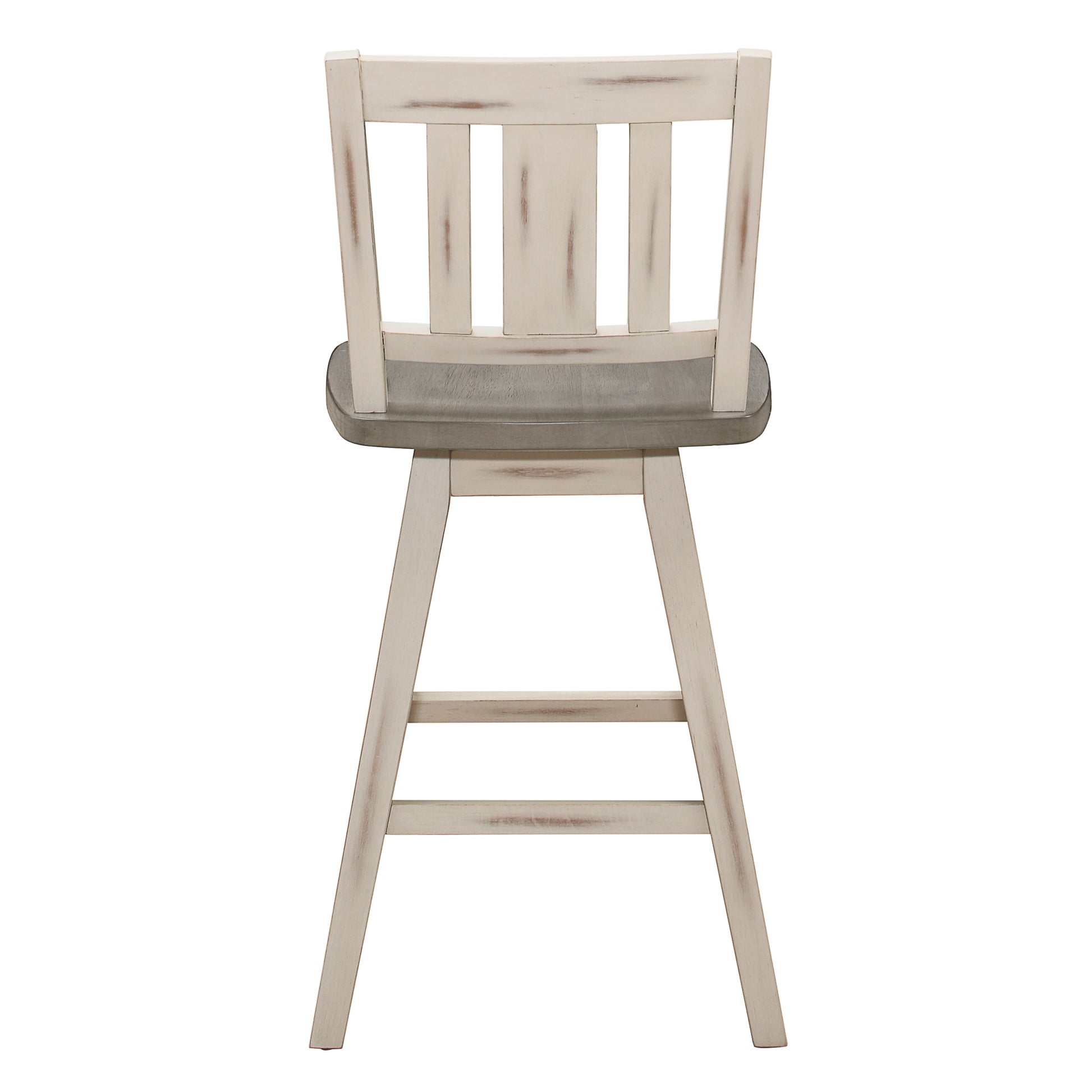Distressed white wood swivel bar stool with gray upholstered seat
