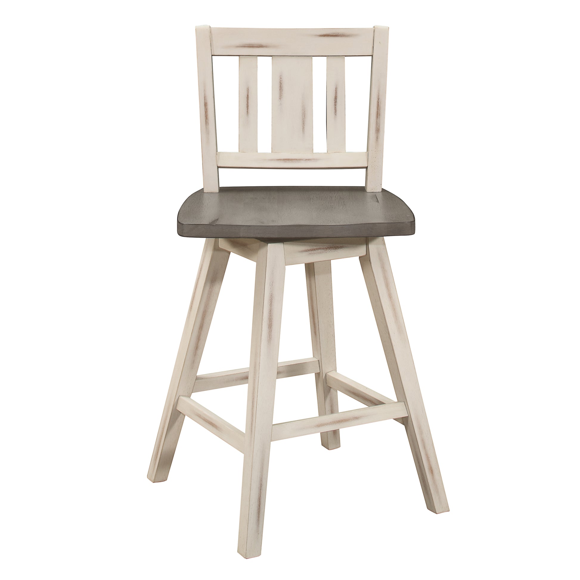 Distressed white wood bar stool with a charcoal gray swivel seat and slatted back