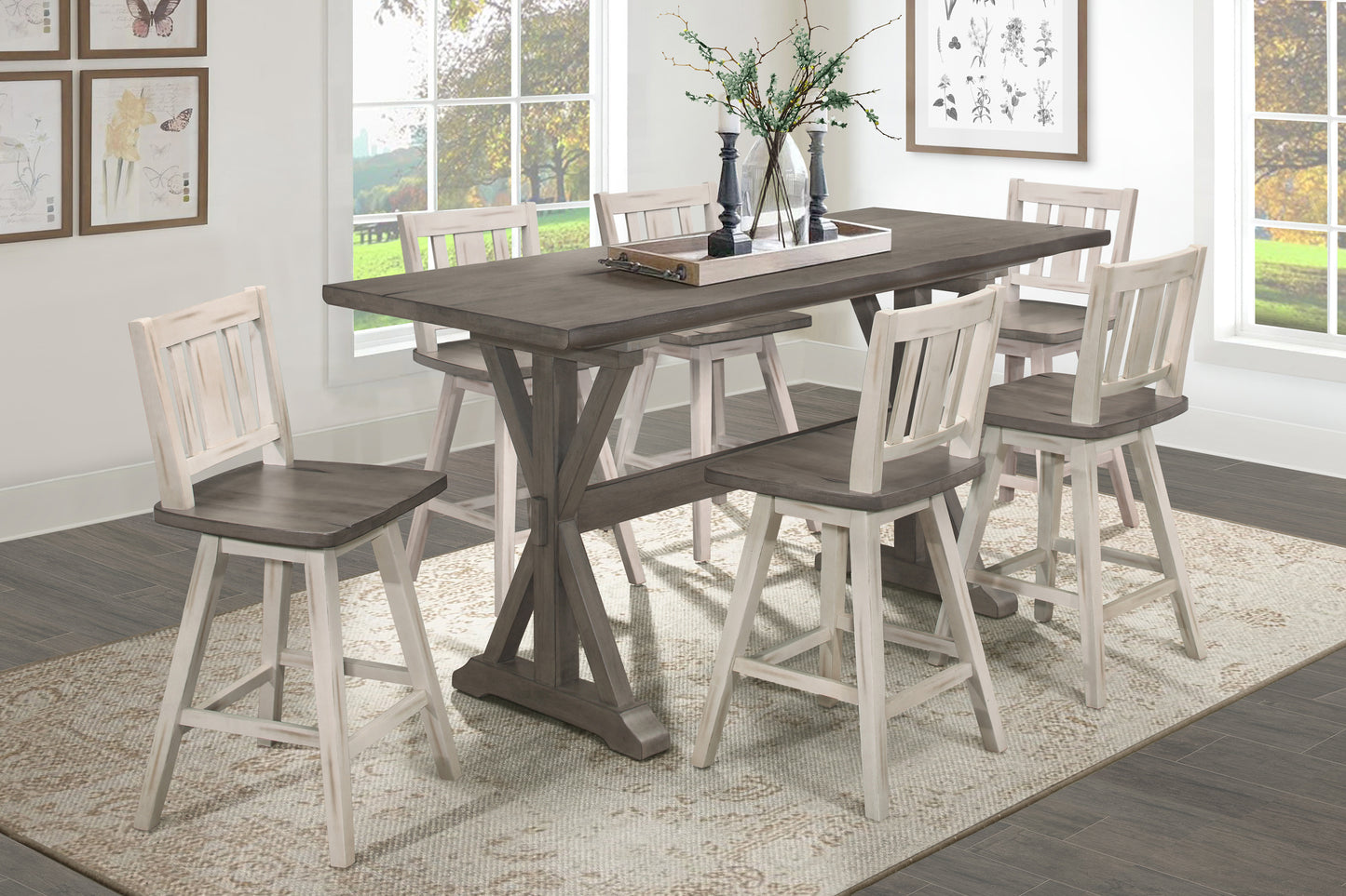 Rustic gray and white counter height dining table set with four chairs