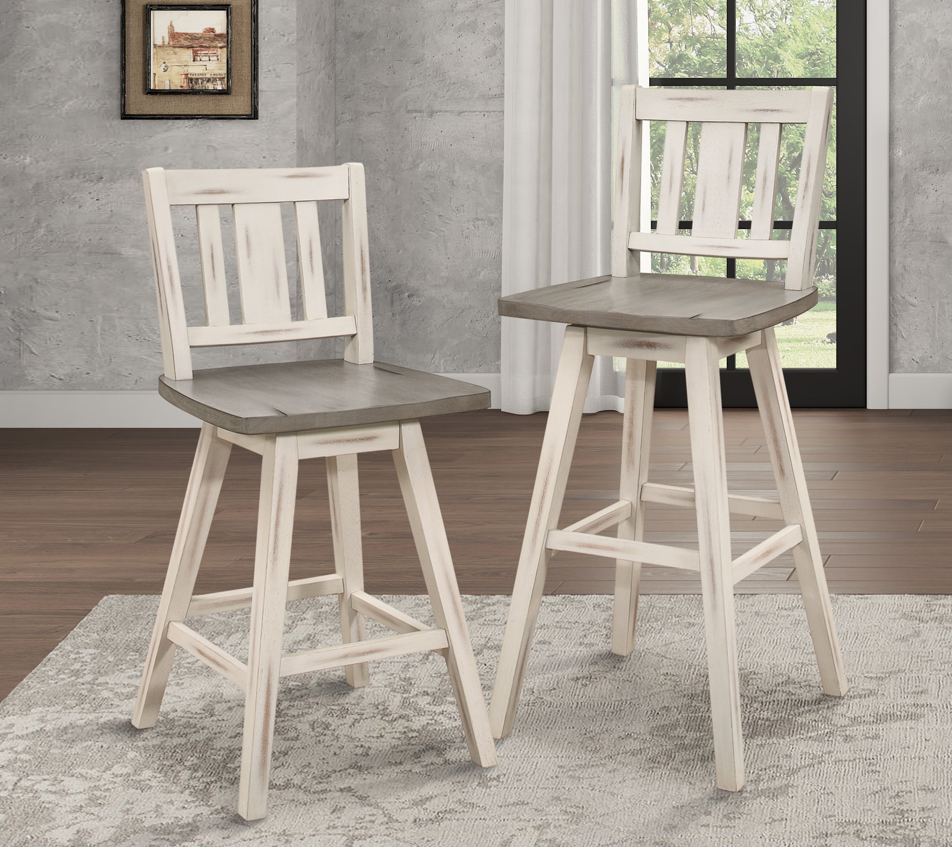 Rustic white wood bar stool with distressed gray seat and ladder back