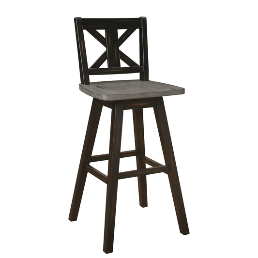 Dark brown wooden bar stool with distressed grey seat and Xback detail