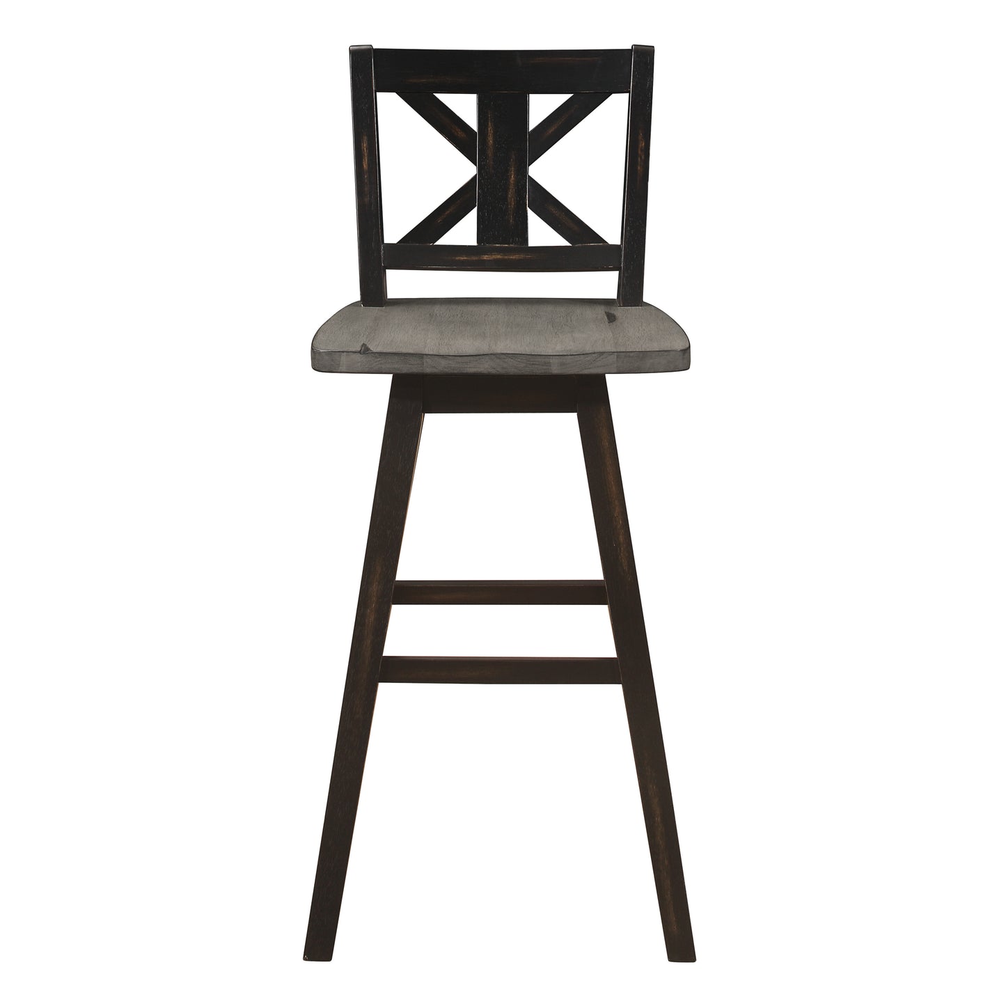 Dark brown wooden bar stool with gray upholstered seat and Xback design