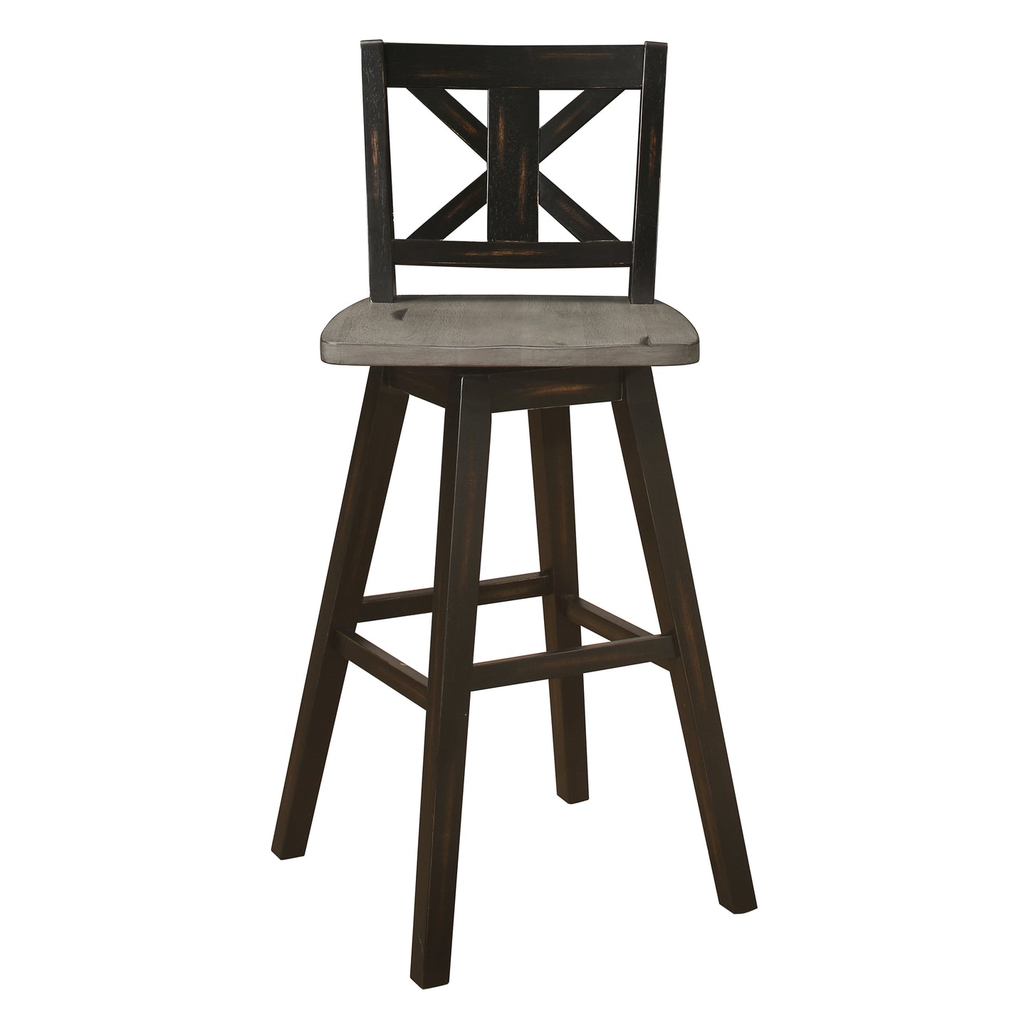 Dark wood bar stool with grey distressed seat and Xback design