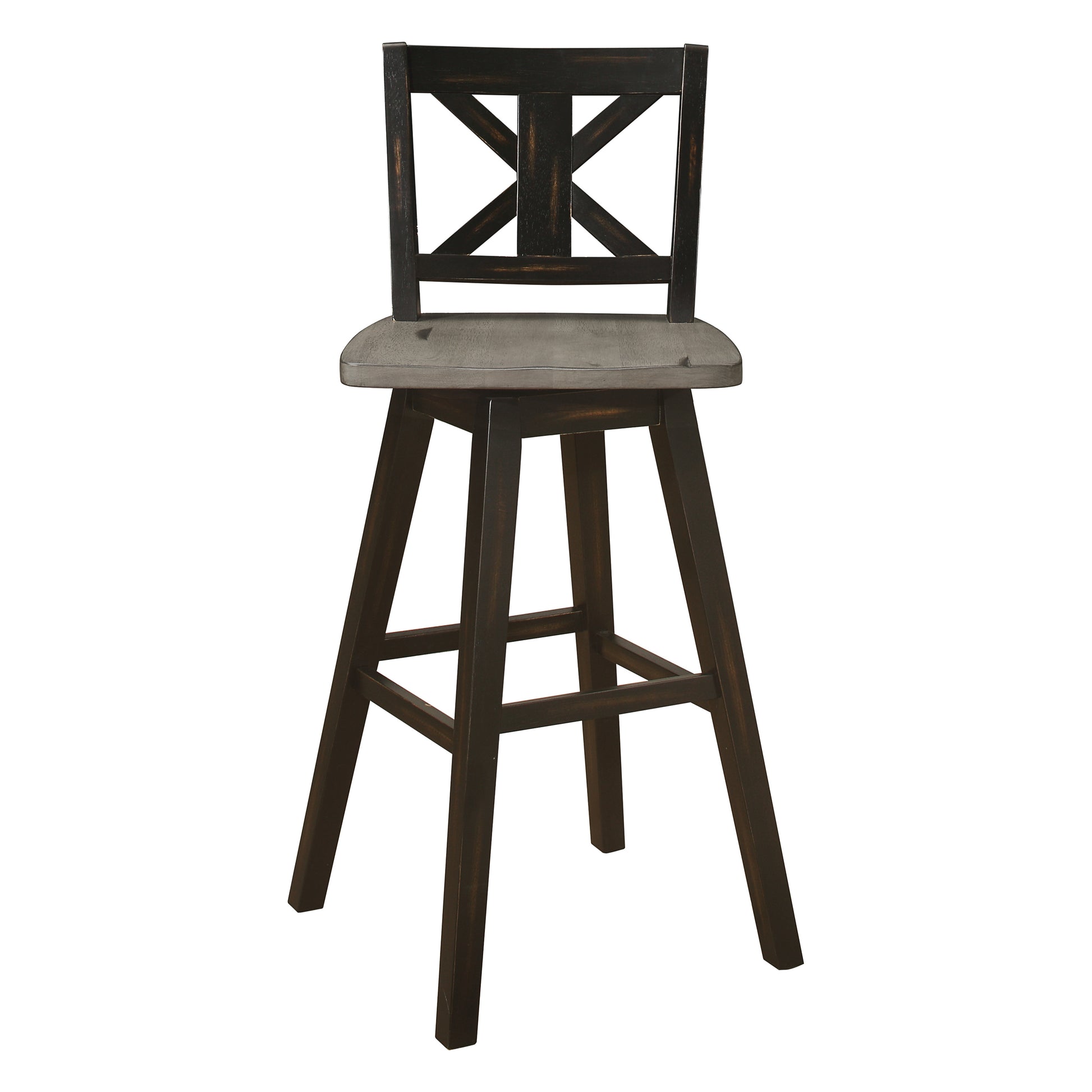 Dark wood bar stool with grey distressed seat and Xback design