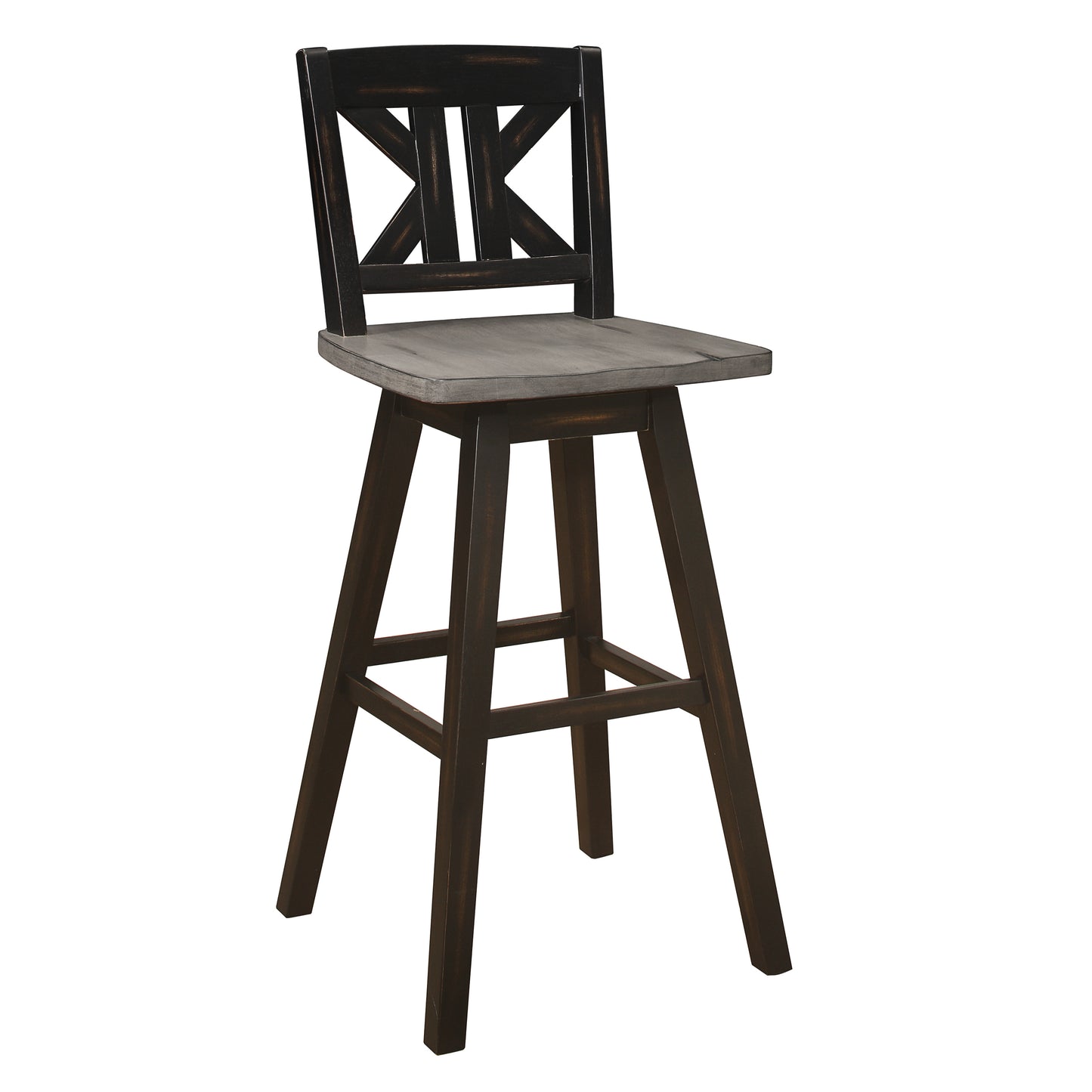 Dark wood bar stool with distressed grey seat and X back design