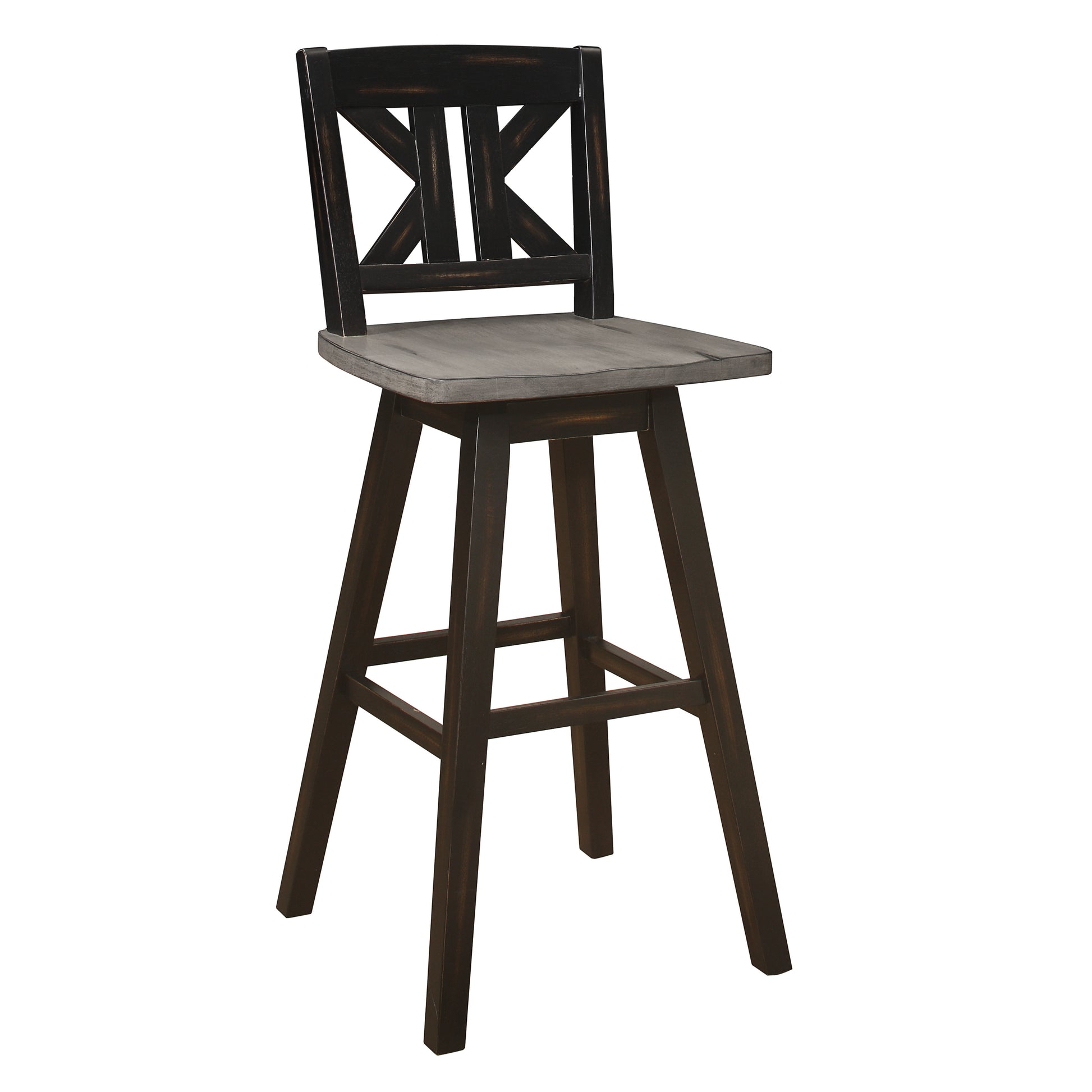 Dark wood bar stool with distressed grey seat and X back design