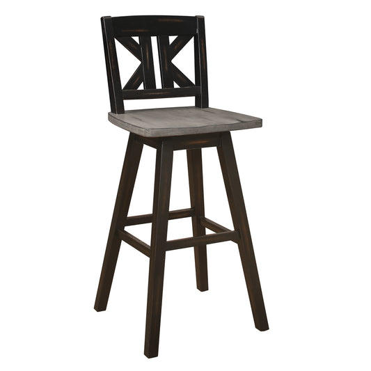 Dark wood bar stool with distressed grey seat and X back design