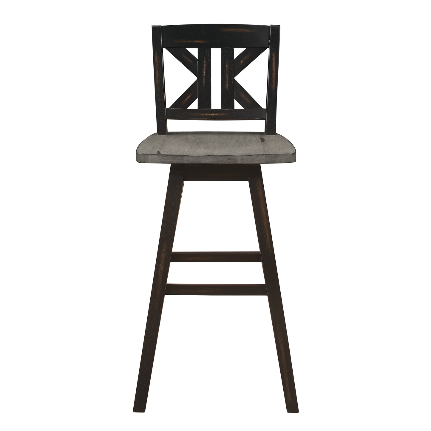 Distressed black wood bar stool with grey cushioned seat and Xback design