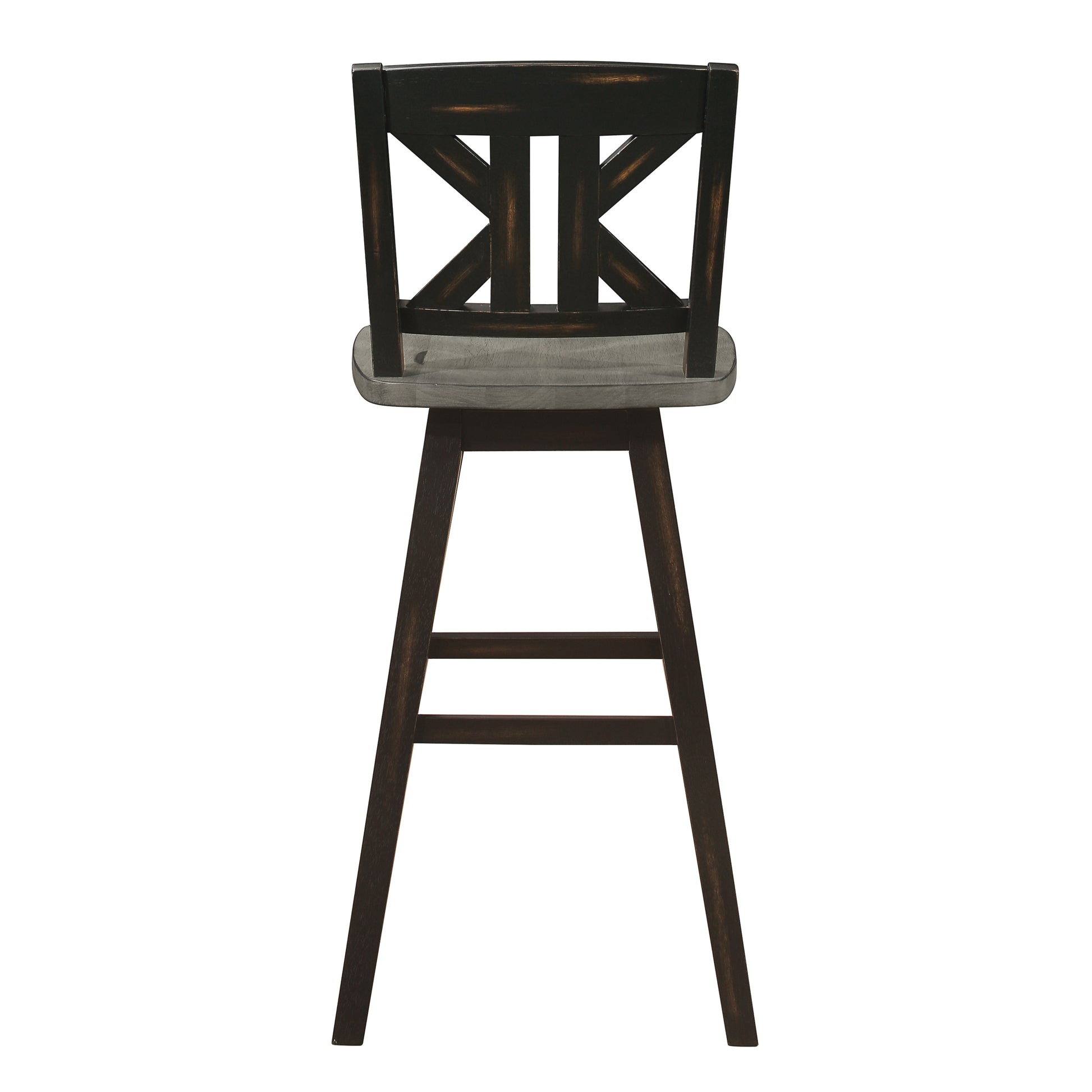 Swivel bar stool with distressed black wooden back and grey wood seat