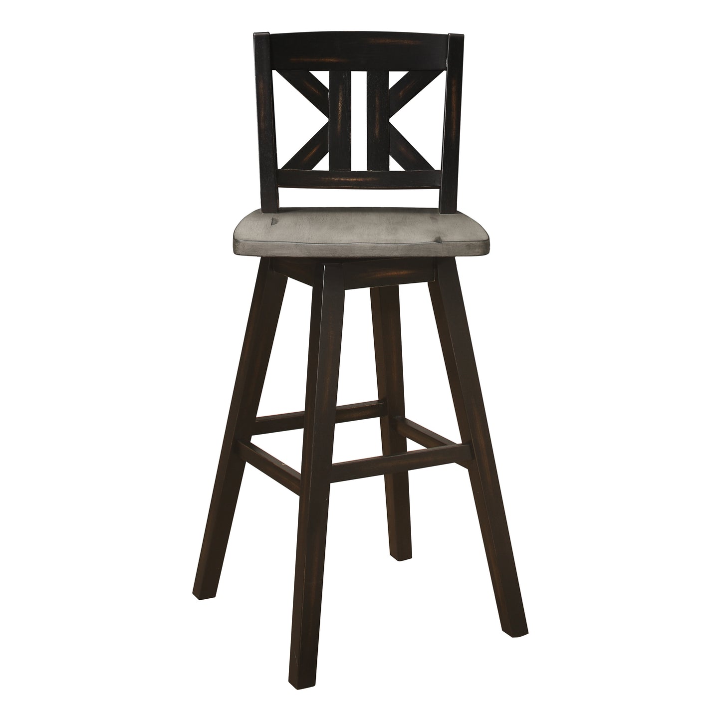 Dark brown wooden bar stool with grey upholstered seat and Xback design