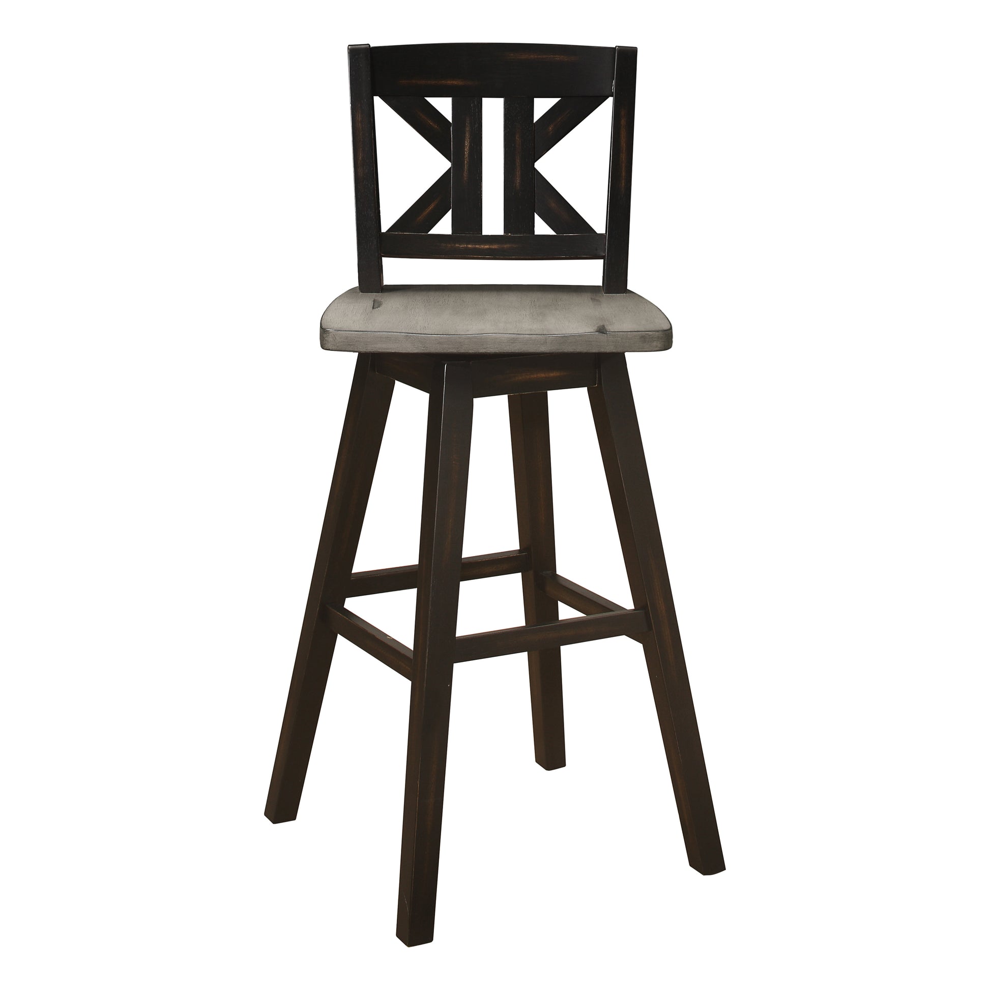 Dark brown wooden bar stool with grey upholstered seat and Xback design