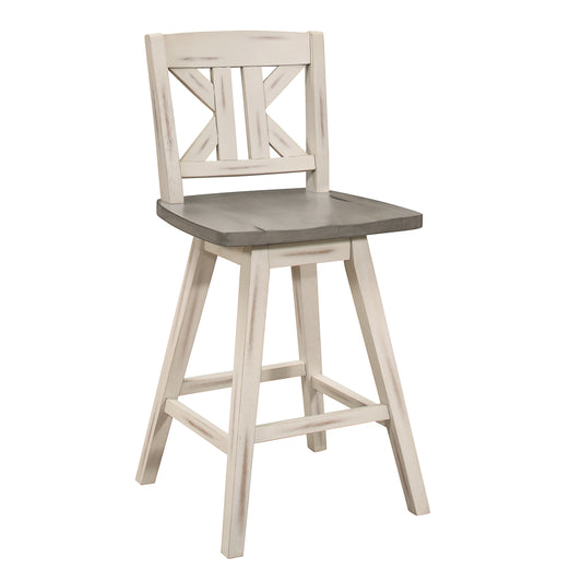 TREATLIFE HOME Set of 2 Swivel Pub Height Chairs with Distressed Gray and White Finish, Solid Rubberwood, Divided X-Back Design