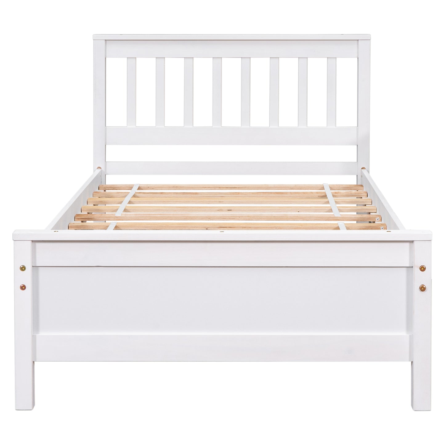 White wooden platform bed frame with slatted base modern design