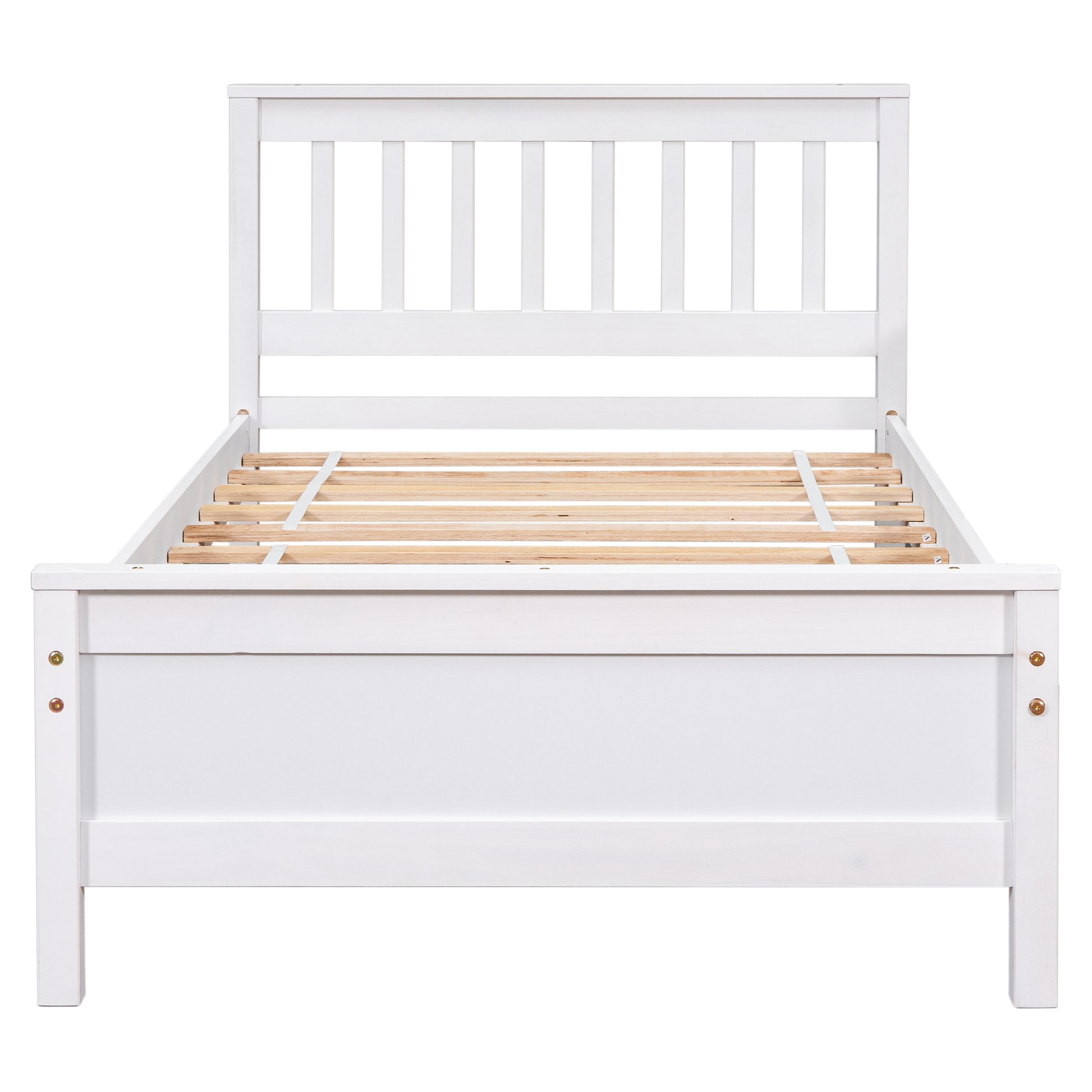 White wooden platform bed frame with slatted base modern design