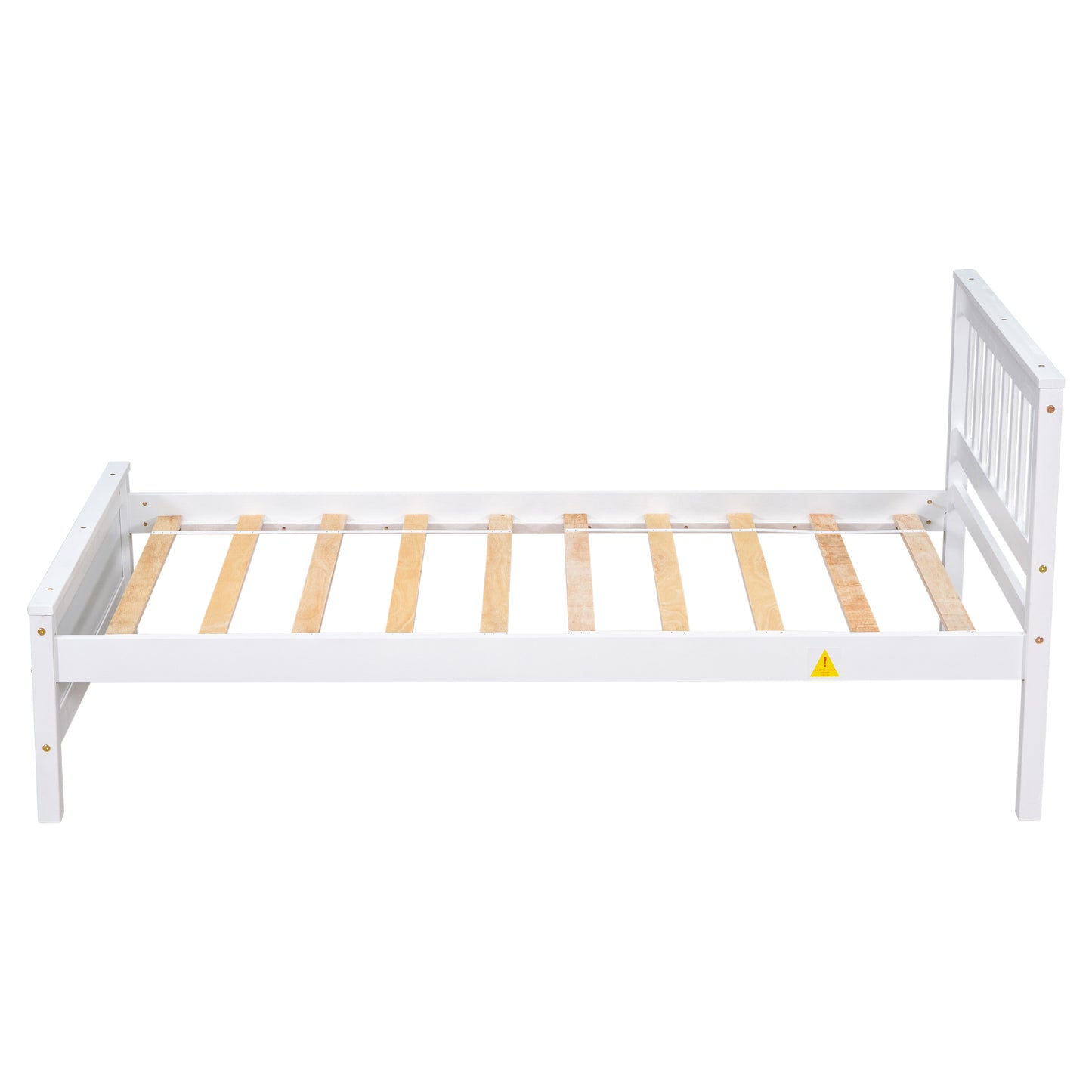 White twin bed frame with slatted base and minimalist headboard