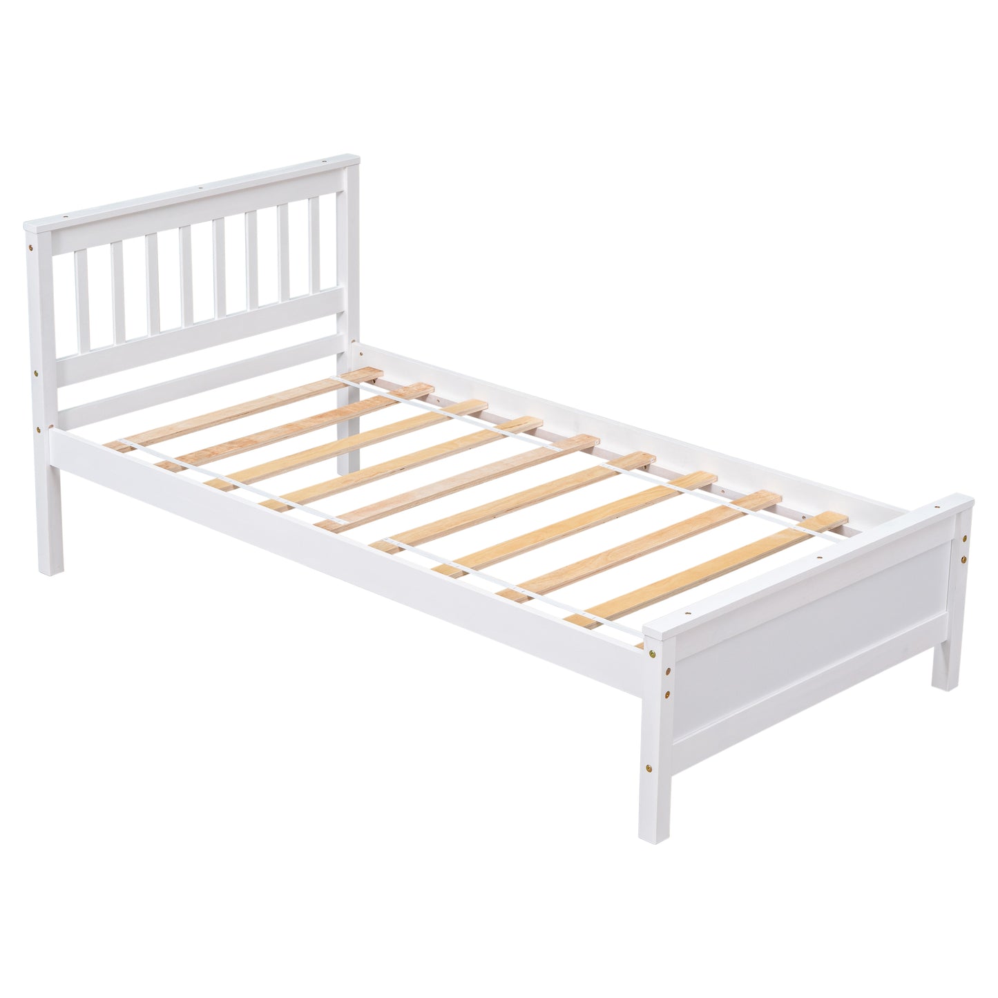 White wooden twin bed frame with slatted support
