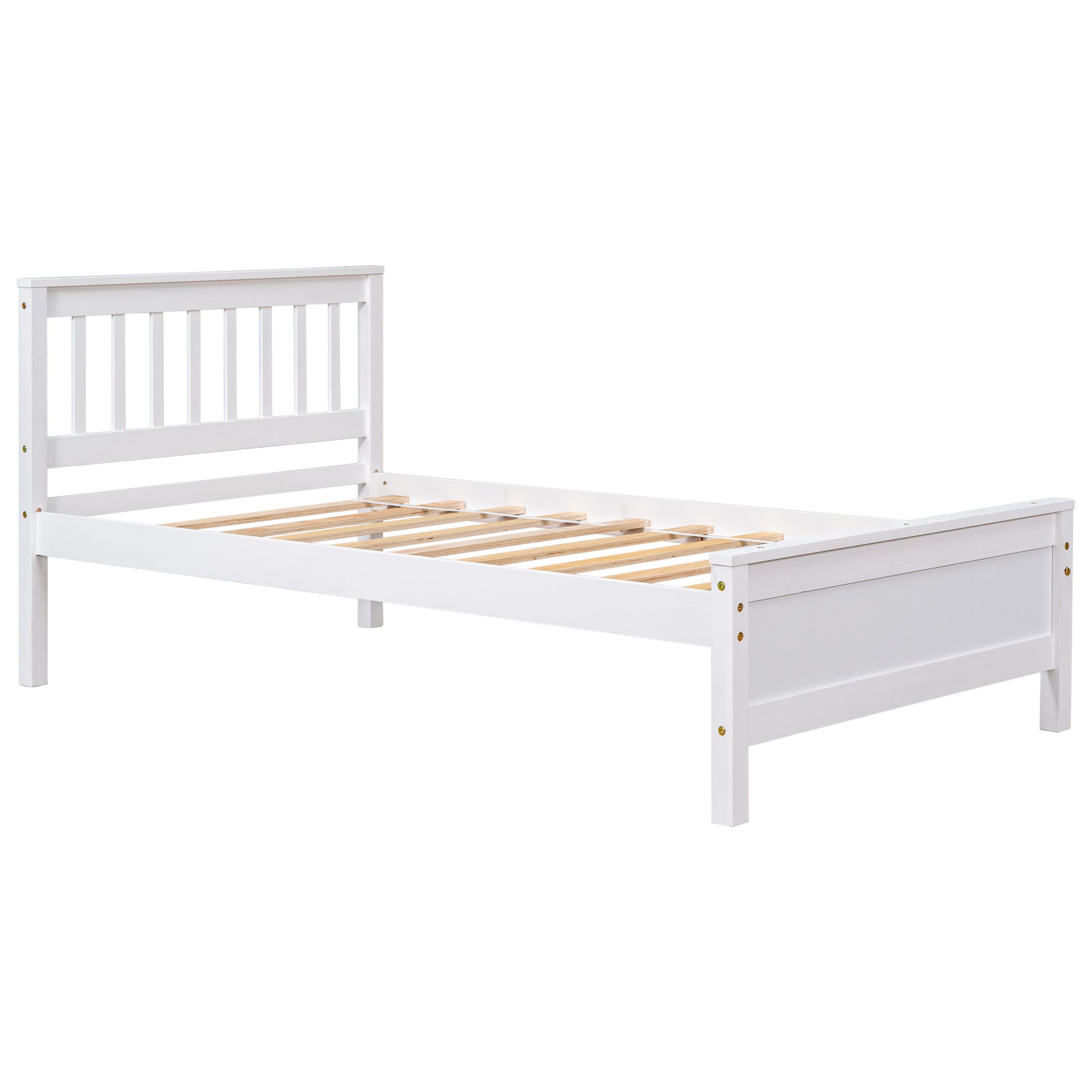 White wooden single bed frame with slatted base and spindle headboard
