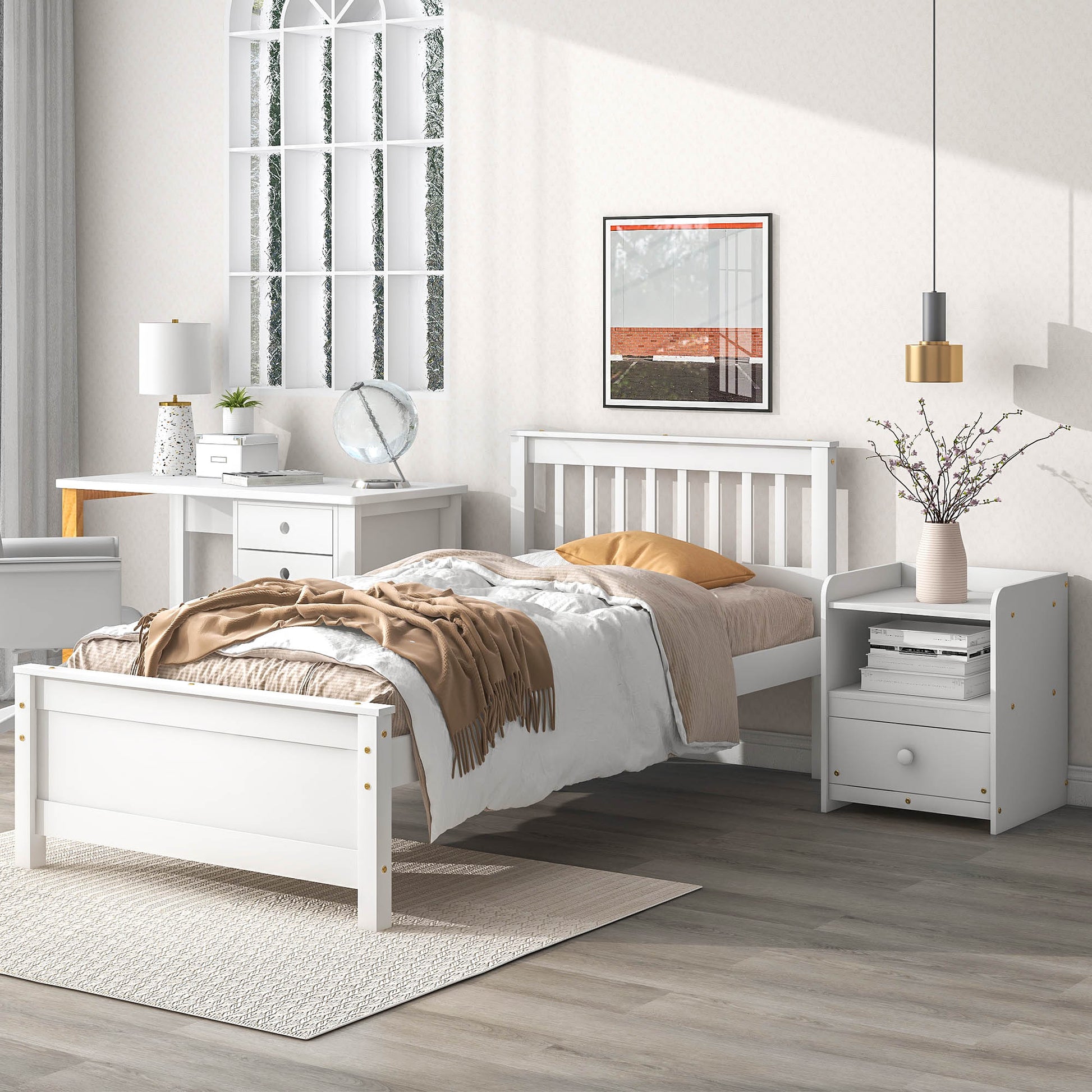 White wooden bed frame with slatted headboard and footboard featuring a soft duvet and throw blanket