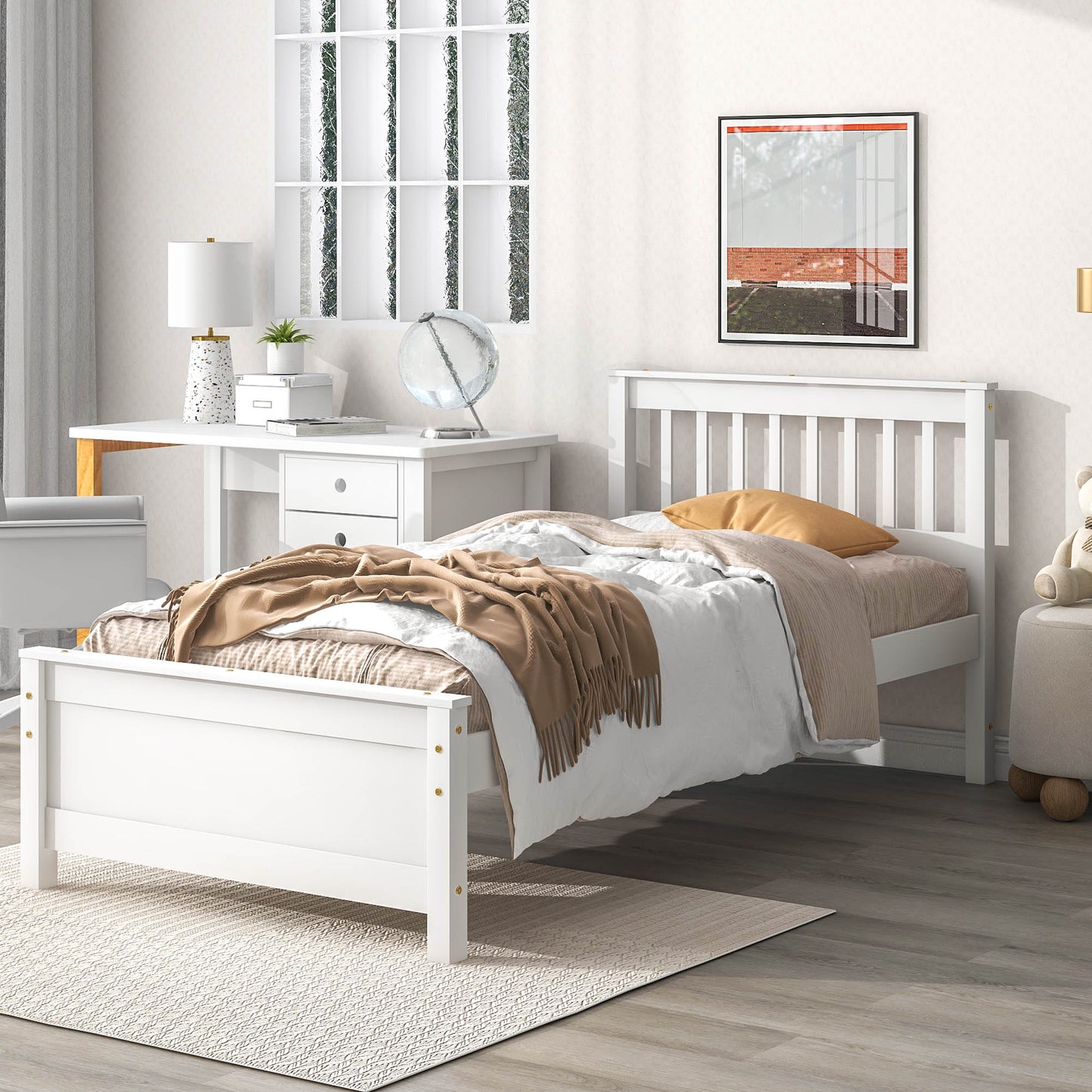 Classic white wooden twin bed with slatted headboard and footboard elegantly made