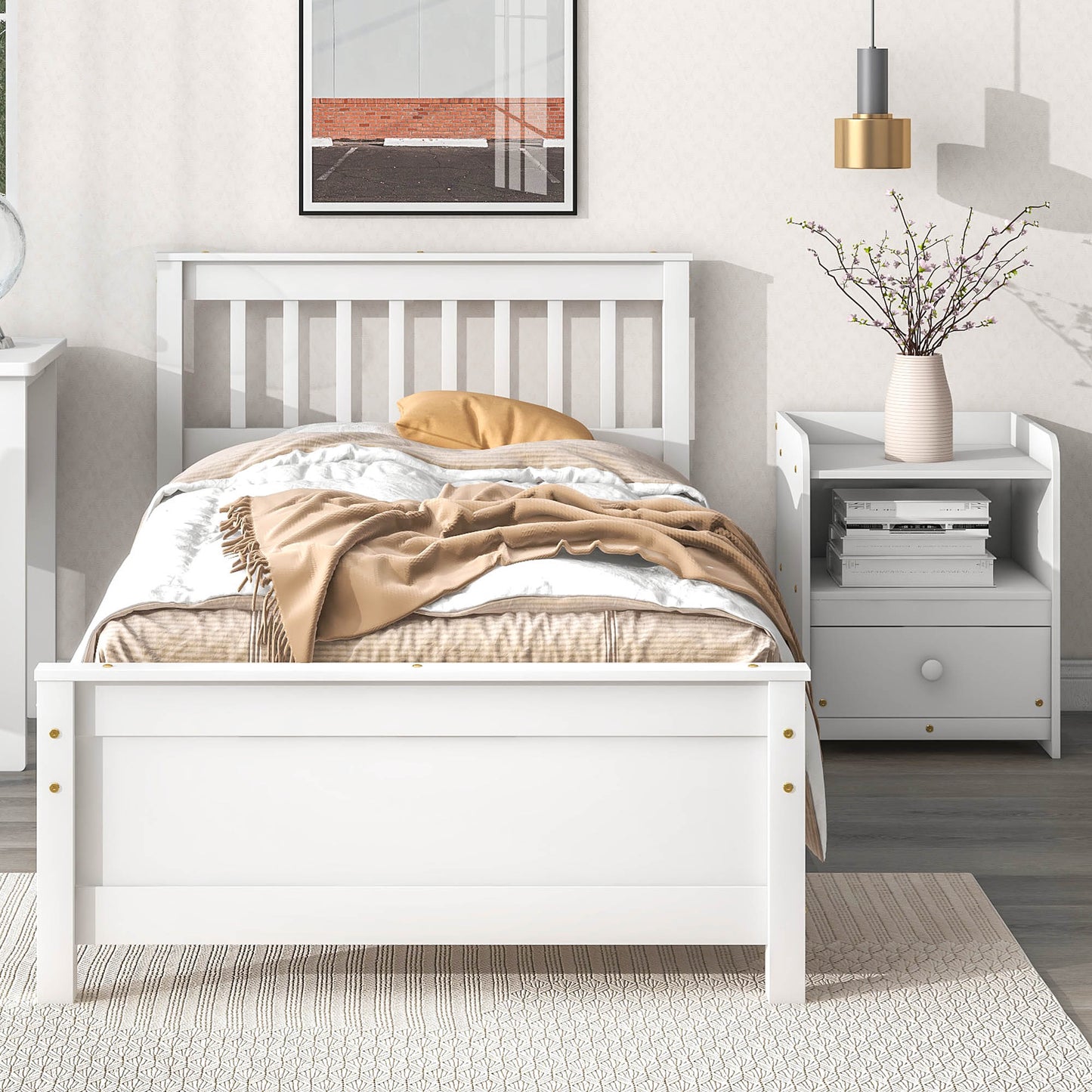 White wooden twin bed with slatted headboard and footboard
