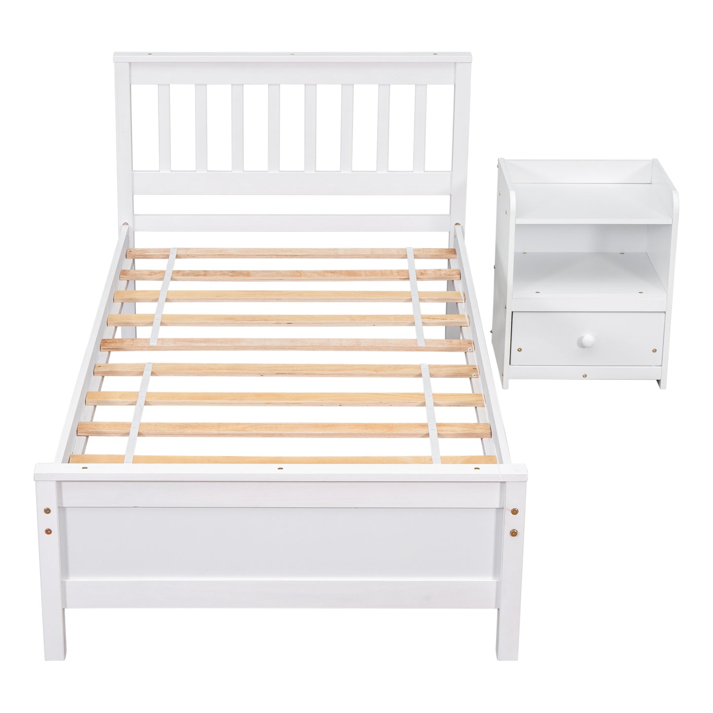 White wooden twin bed frame with slatted base
