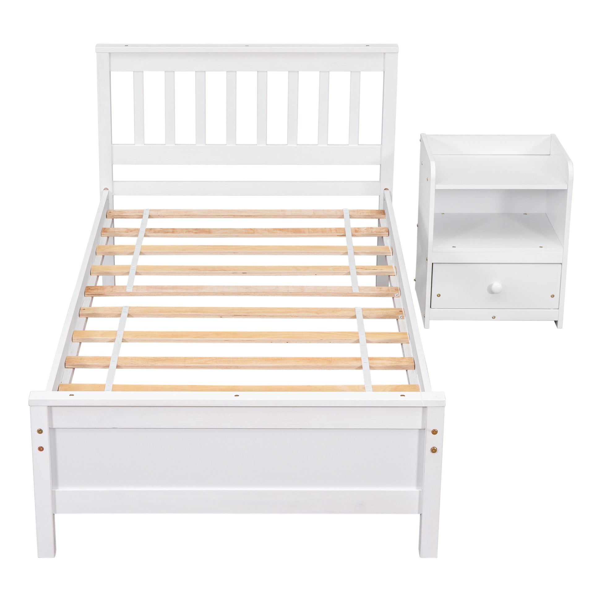 White wooden twin bed frame with slatted base