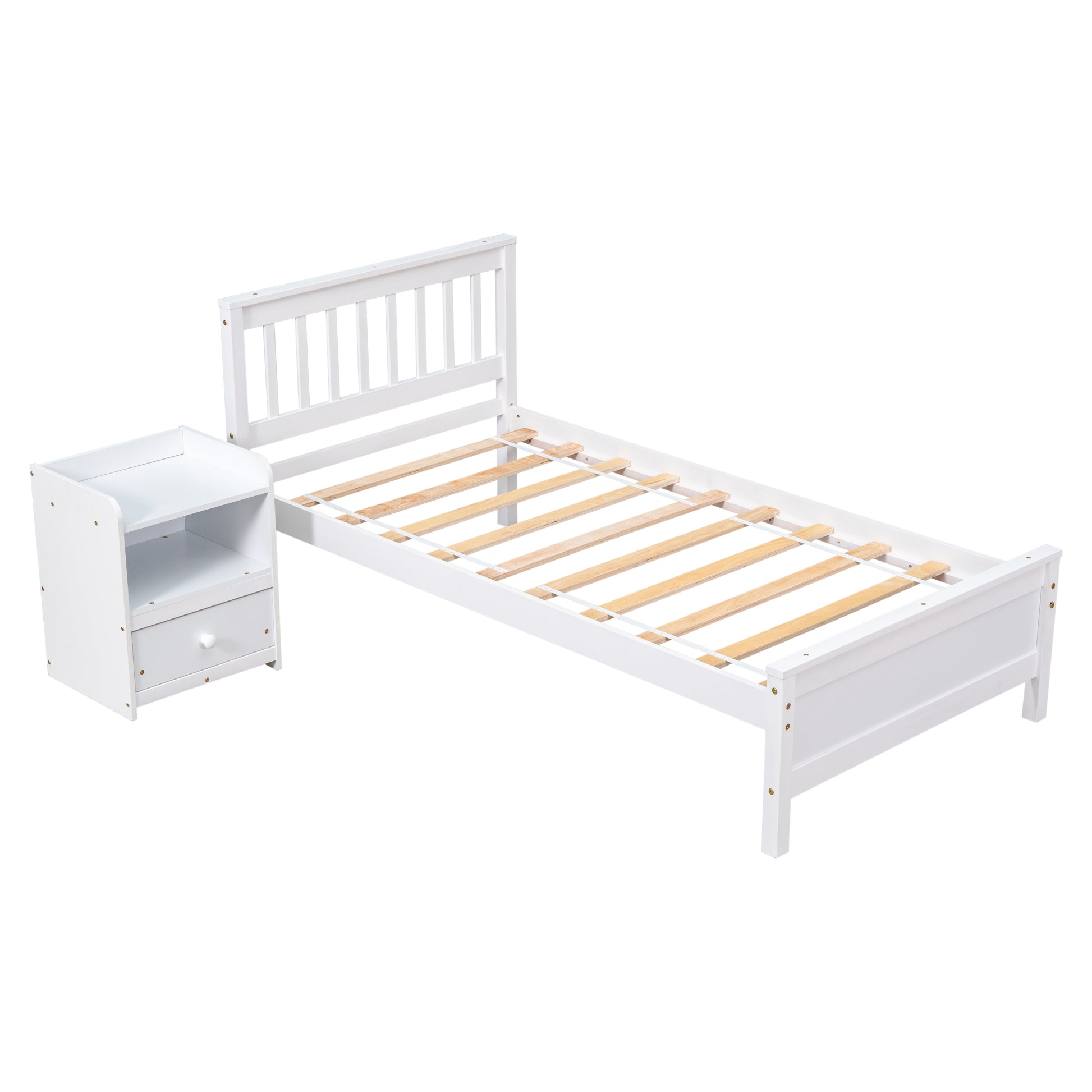 White wooden twin bed frame with slatted base and matching nightstand