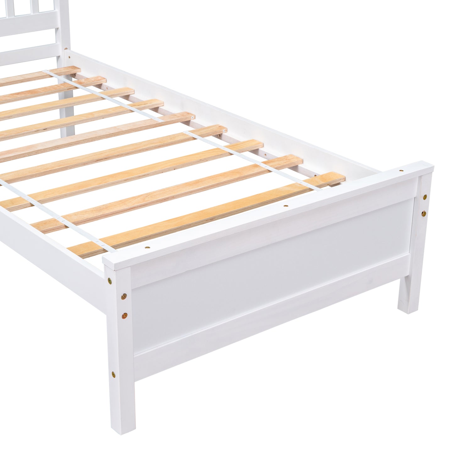 White wooden twin bed frame with slatted mattress support