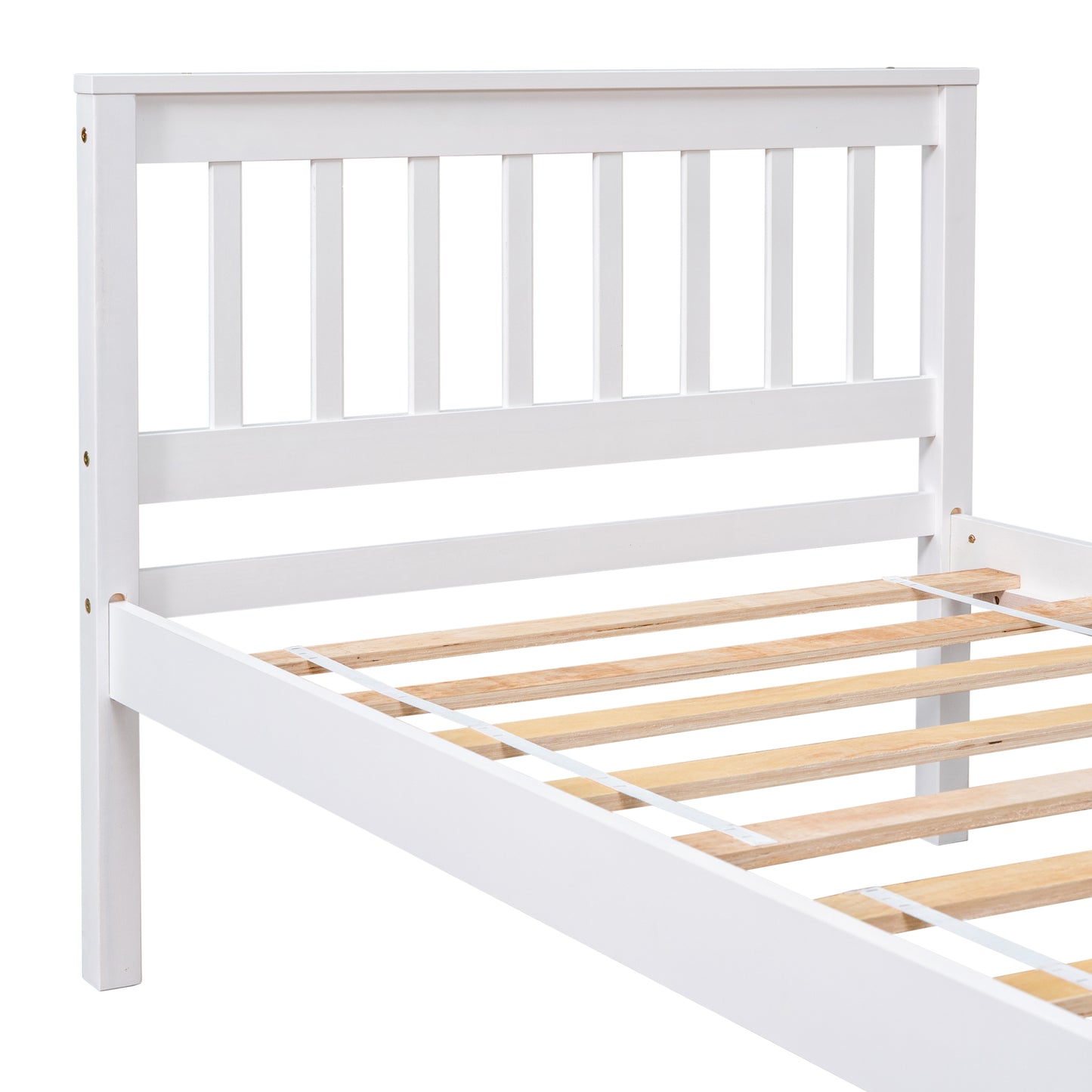 White wooden bed frame with slatted base