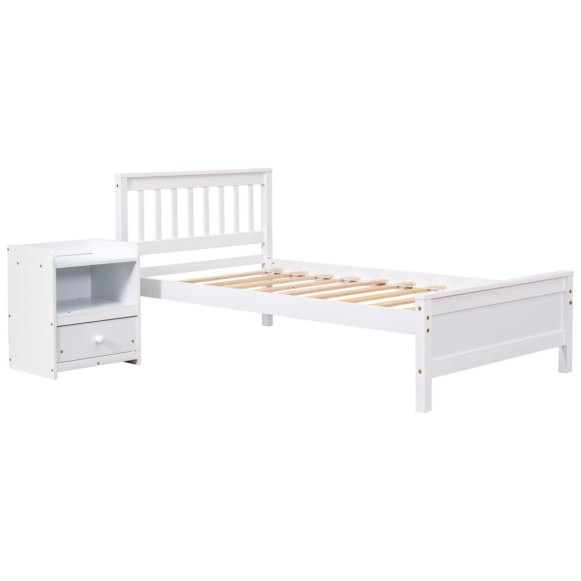 White wooden twin bed frame with slatted base and matching nightstand