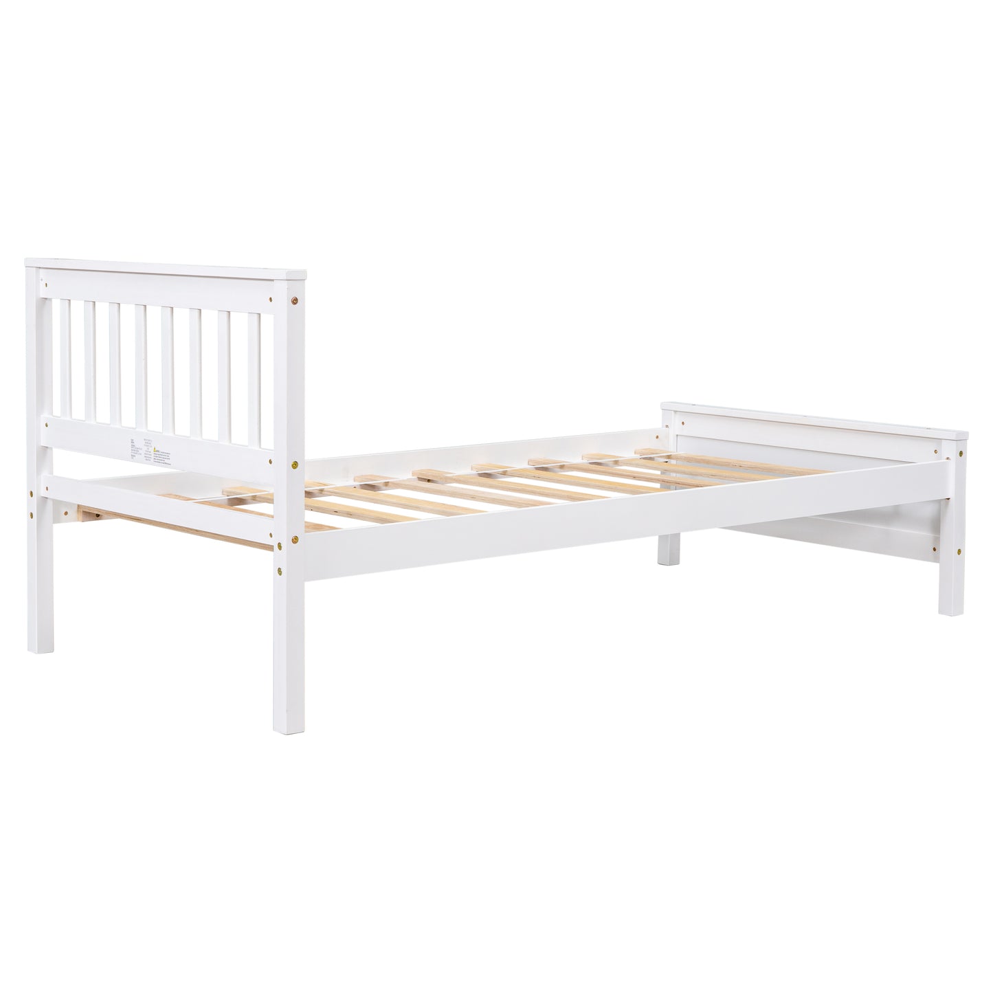 White wooden twin bed frame with slatted headboard and base