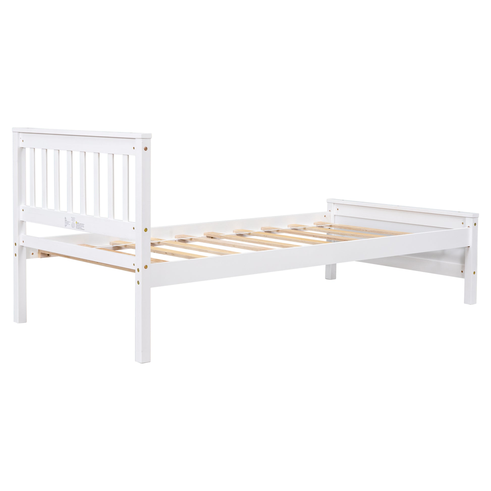 White wooden twin bed frame with slatted headboard and base