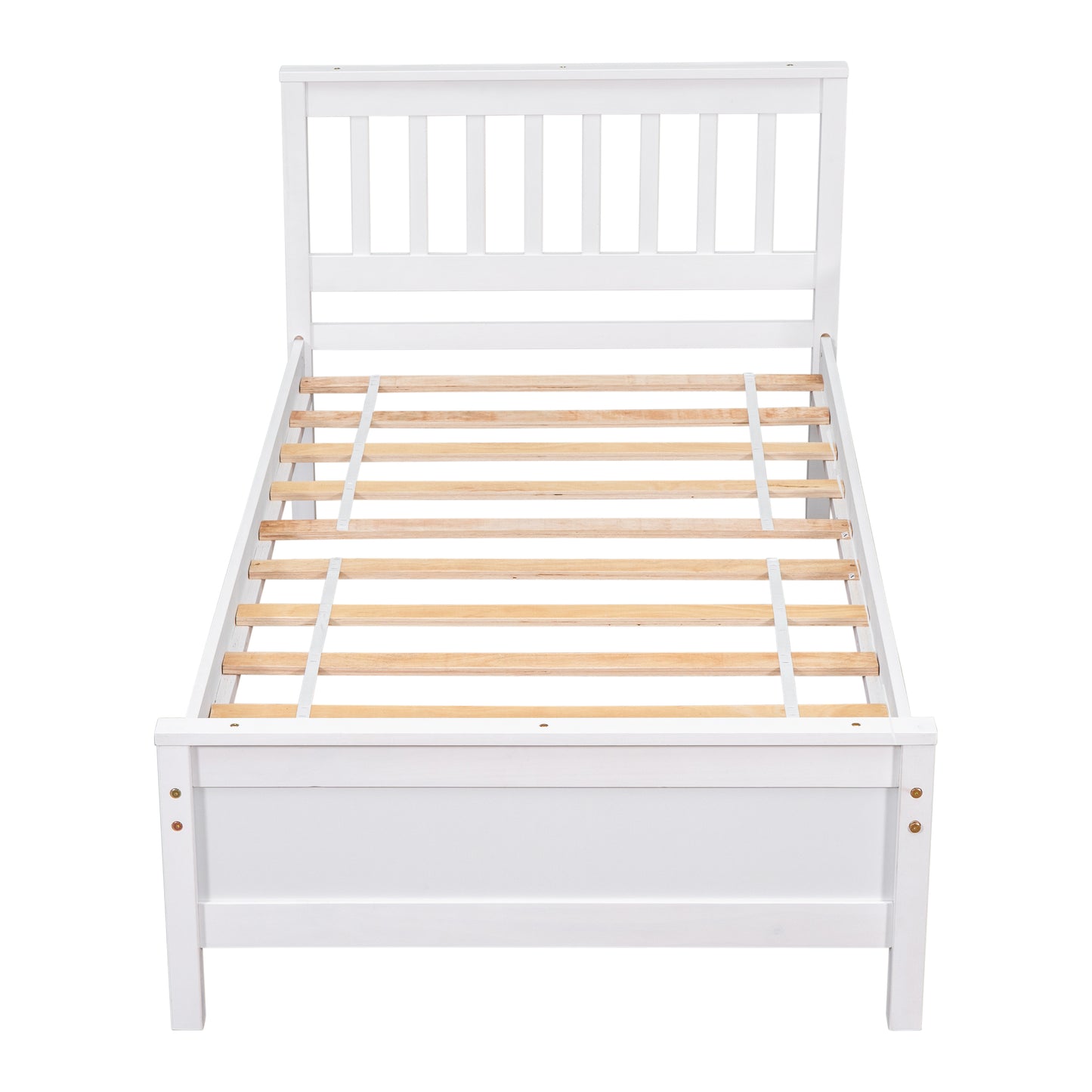 White wooden twin bed frame with slatted base