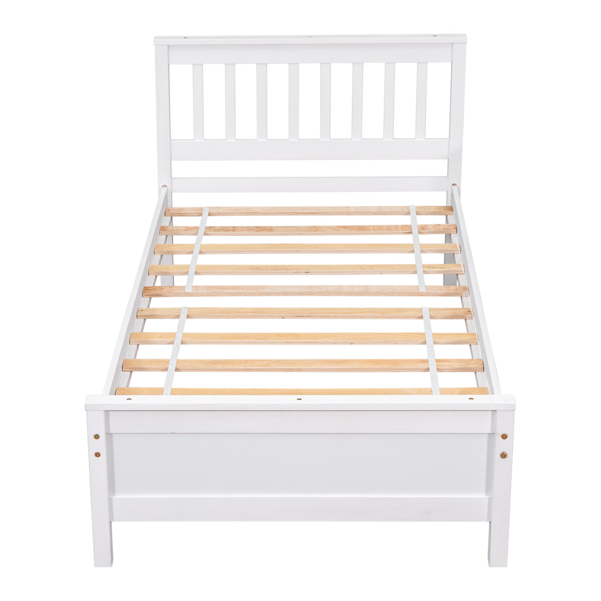 White wooden twin bed frame with slatted base