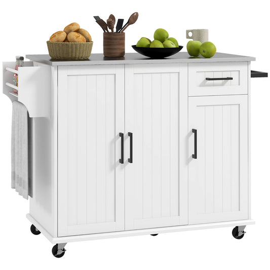 White kitchen island cart with stainless steel top