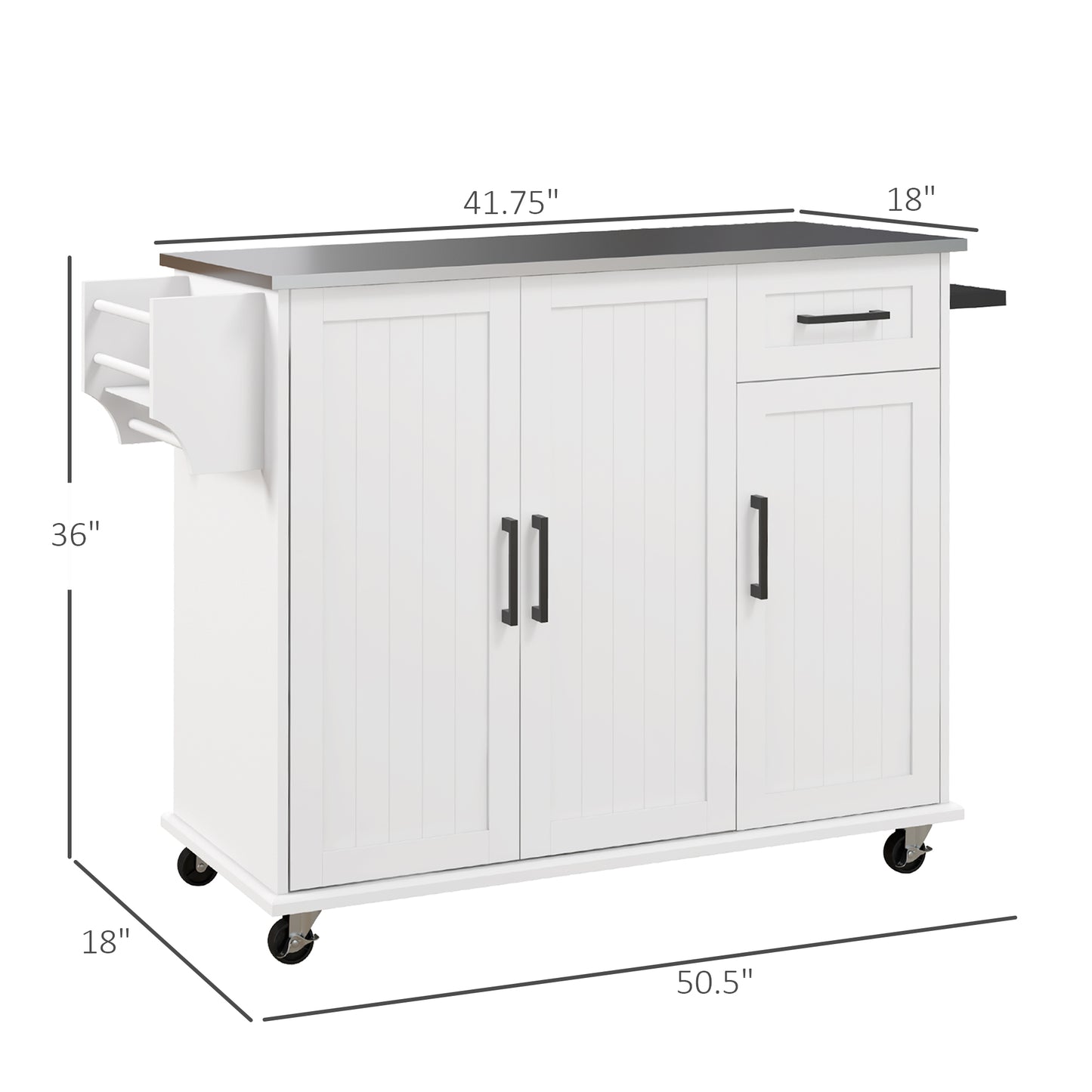 White kitchen island cart with slatted doors and drawer on wheels