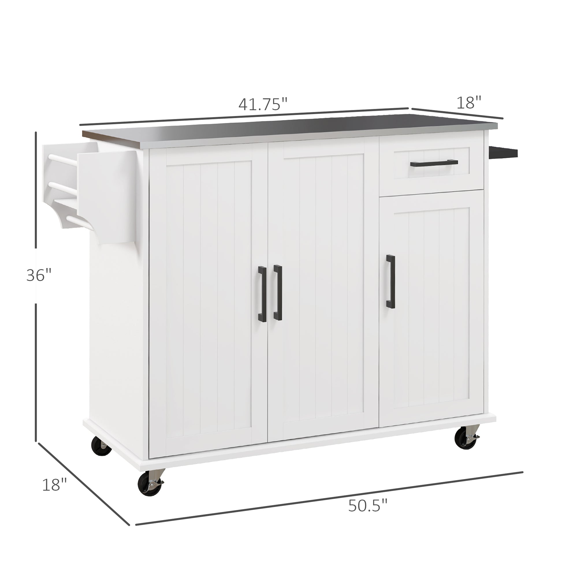 White kitchen island cart with slatted doors and drawer on wheels